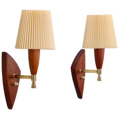 Teak Wall Lights 'Pair', 1960s Danish Sconces with Fabric Shades, Brass and Teak