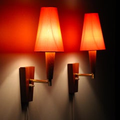 Teak Wall Lights (Pair), 1960s Danish Wall Lamps with Vintage Pink Shades