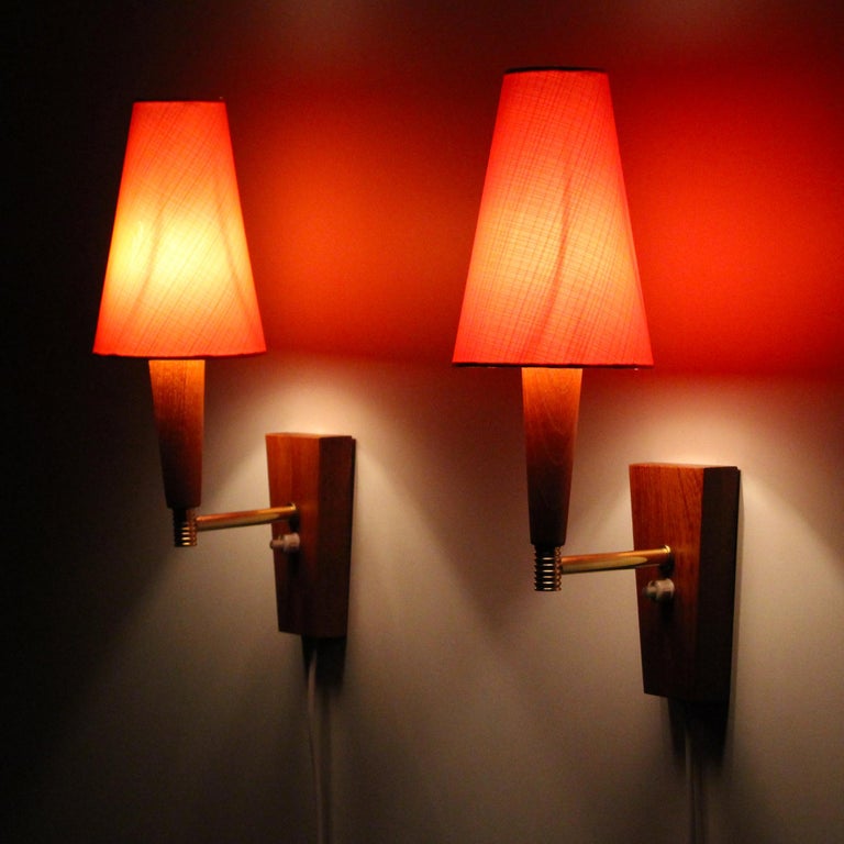 Teak Wall Lights (Pair), 1960s Danish Wall Lamps with Vintage Pink Shades at 1stDibs