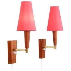Teak Wall Lights (Pair), 1960s Danish Wall Lamps with Vintage Pink Shades