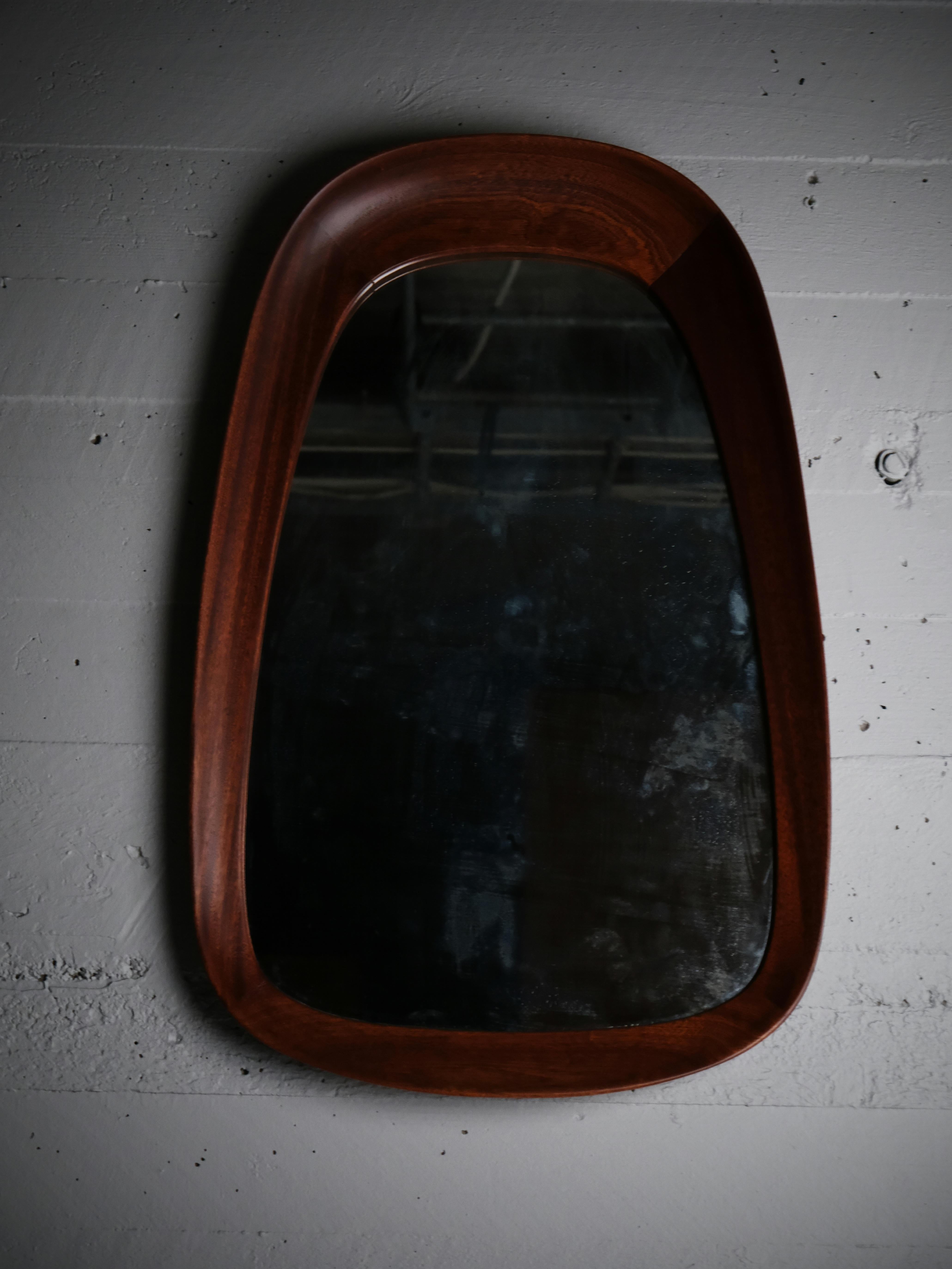Swedish Teak wall mirror by Åke Fribyter, Glas & Trä, Hovmantorp, Sweden, 1950s For Sale