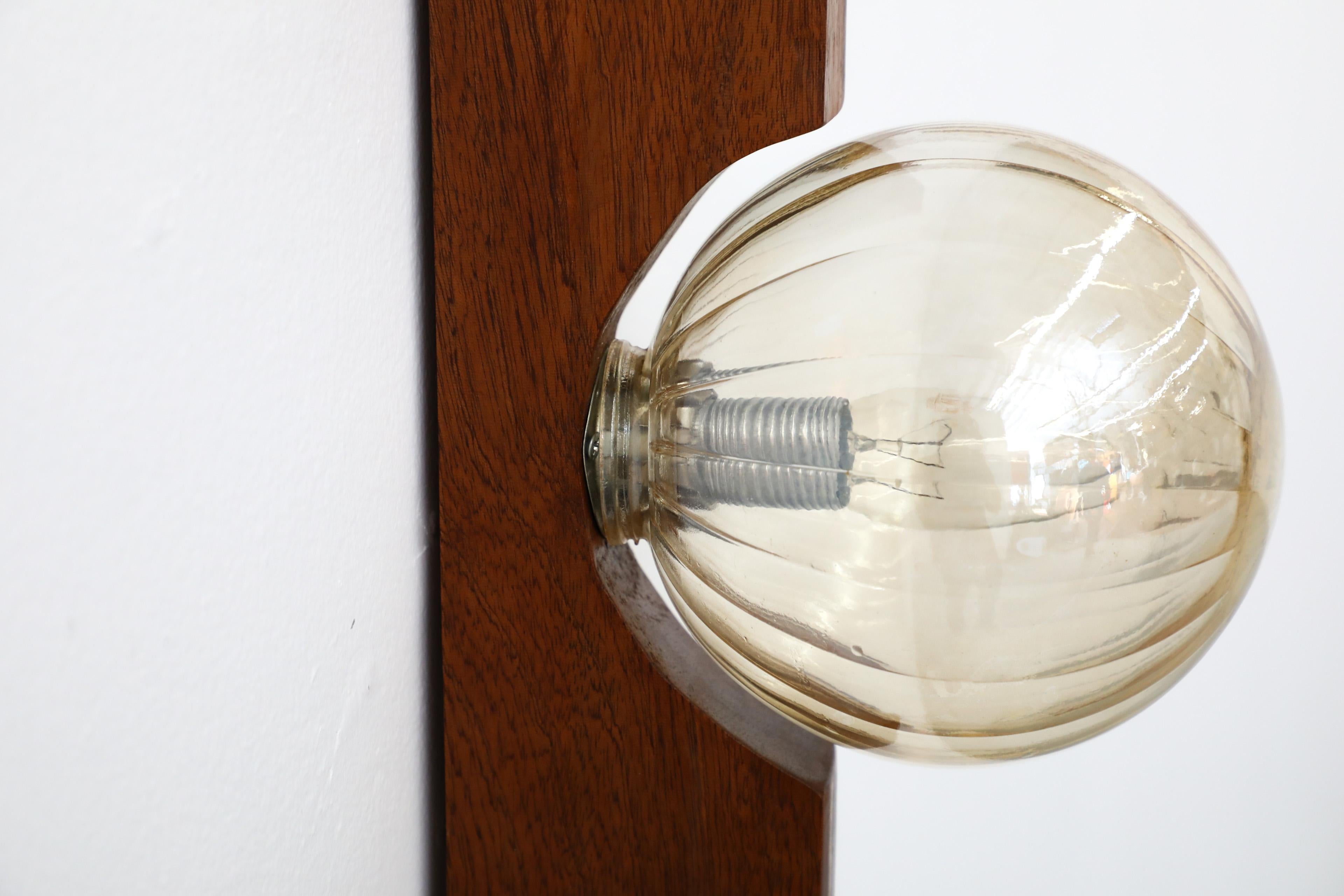 Teak Wall Mount Light Sconce with Amber Glass Globe Shade by Temde 7