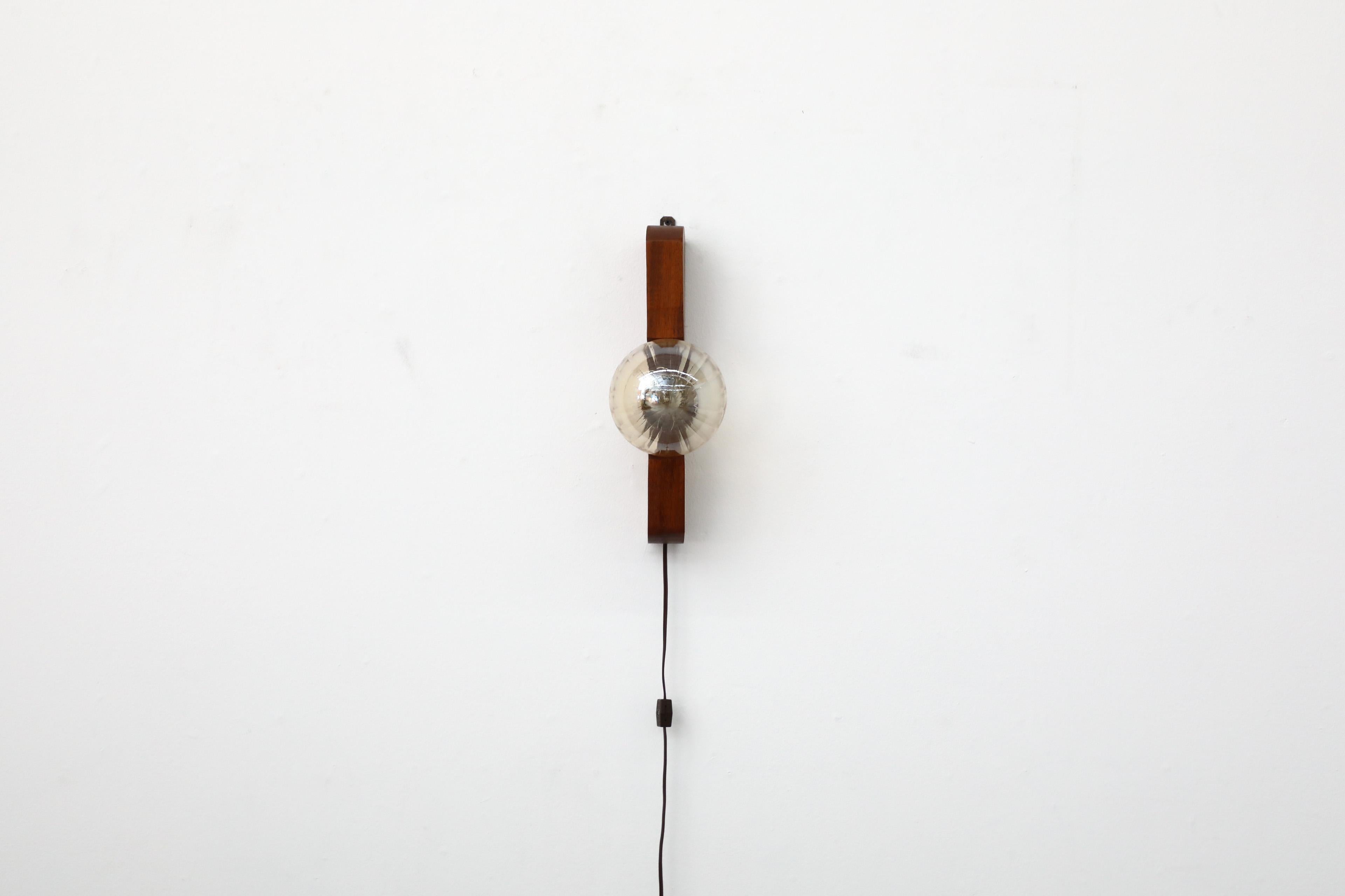 Mid-Century Modern Teak Wall Mount Light Sconce with Amber Glass Globe Shade by Temde
