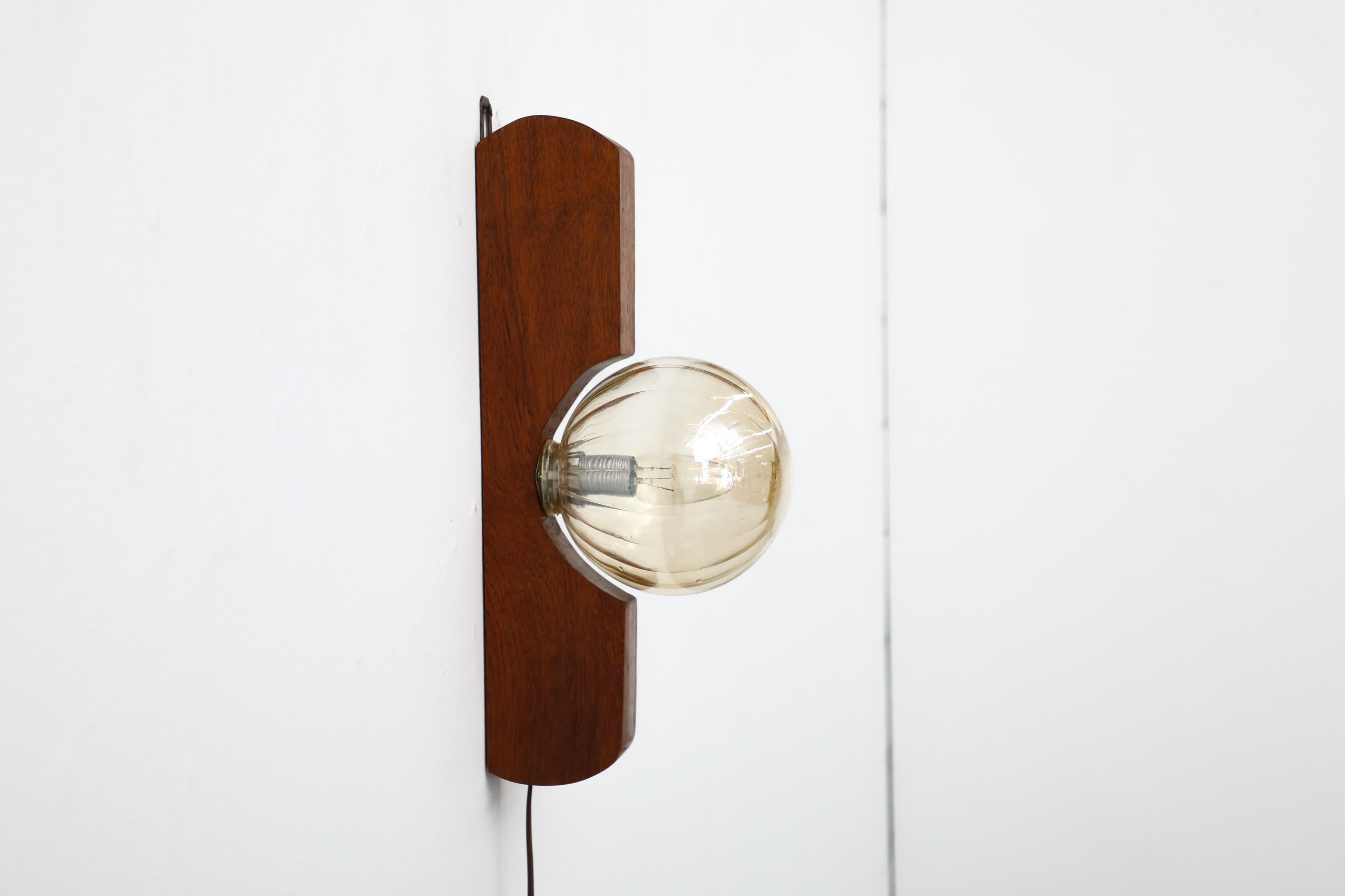 Late 20th Century Teak Wall Mount Light Sconce with Amber Glass Globe Shade by Temde