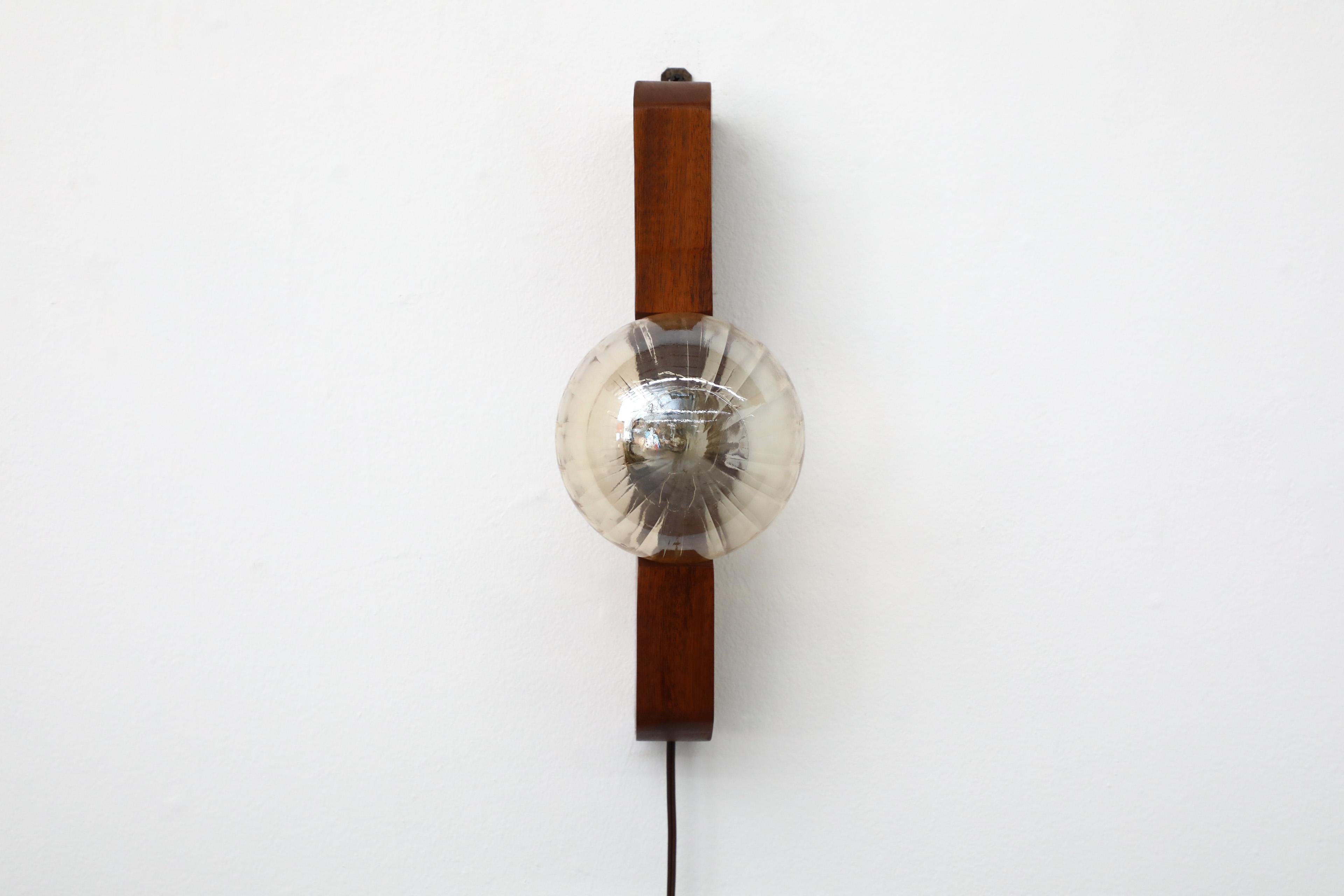 Teak Wall Mount Light Sconce with Amber Glass Globe Shade by Temde 1