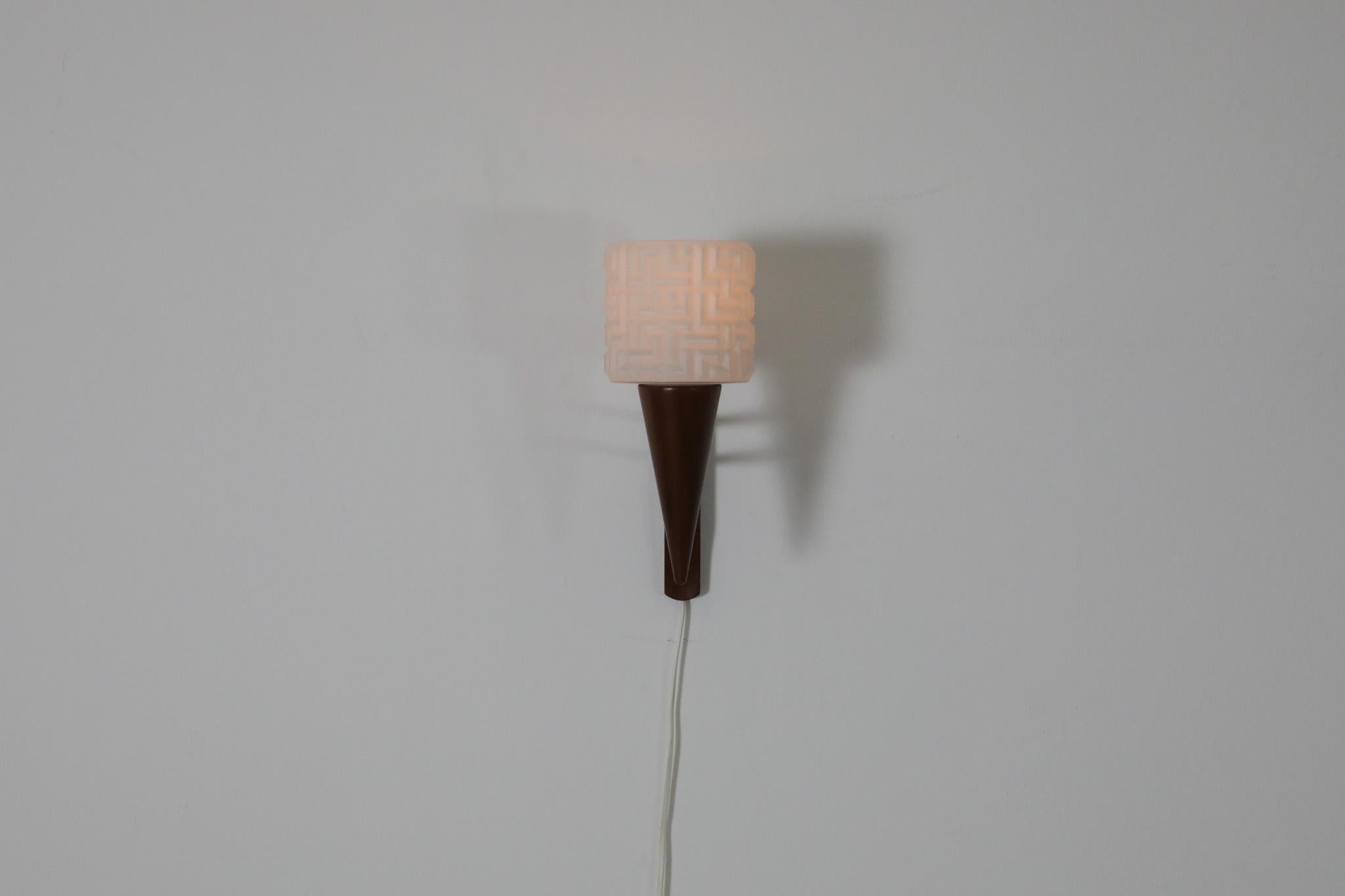 Mid-Century Modern Teak Wall Mount Sconce with Pressed Glass Shade For Sale