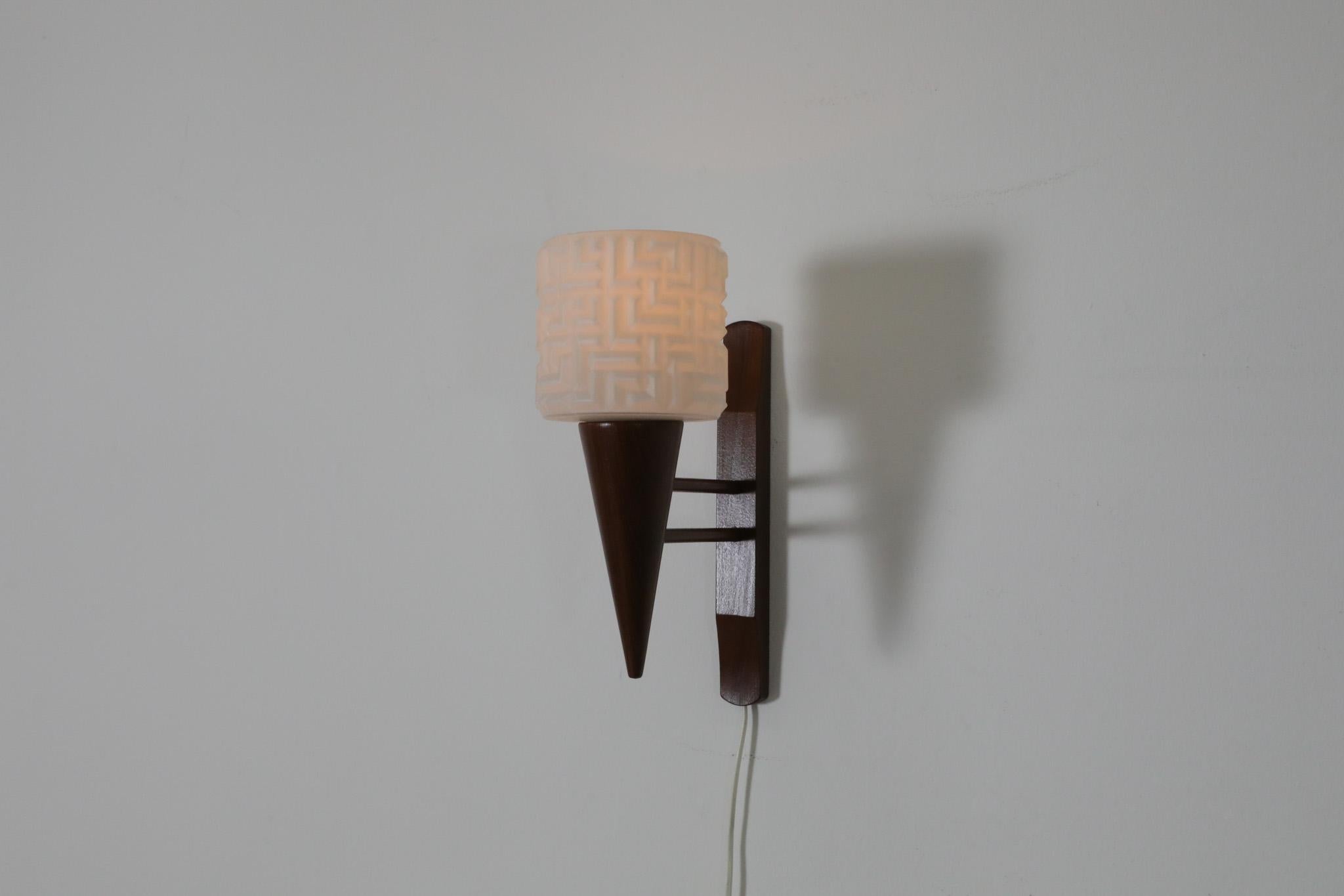 Danish Teak Wall Mount Sconce with Pressed Glass Shade For Sale