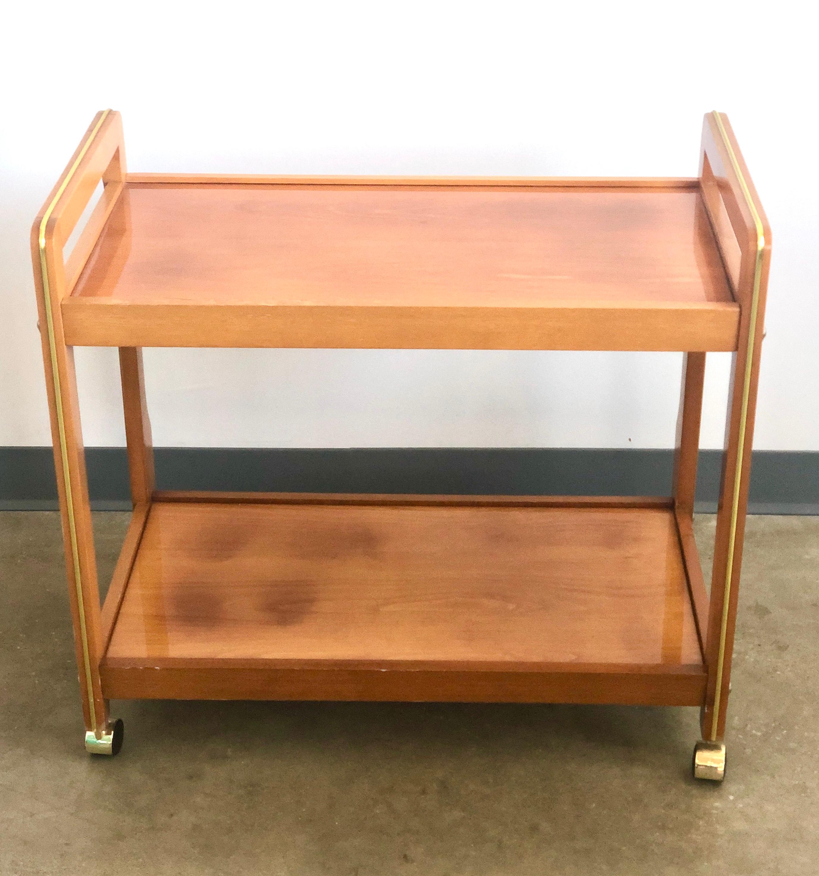 Mid-Century Modern Teak with Inlaid Brass Accents 2-Tier Bar Cart Beverage Cart, Tea Cart on Wheels For Sale