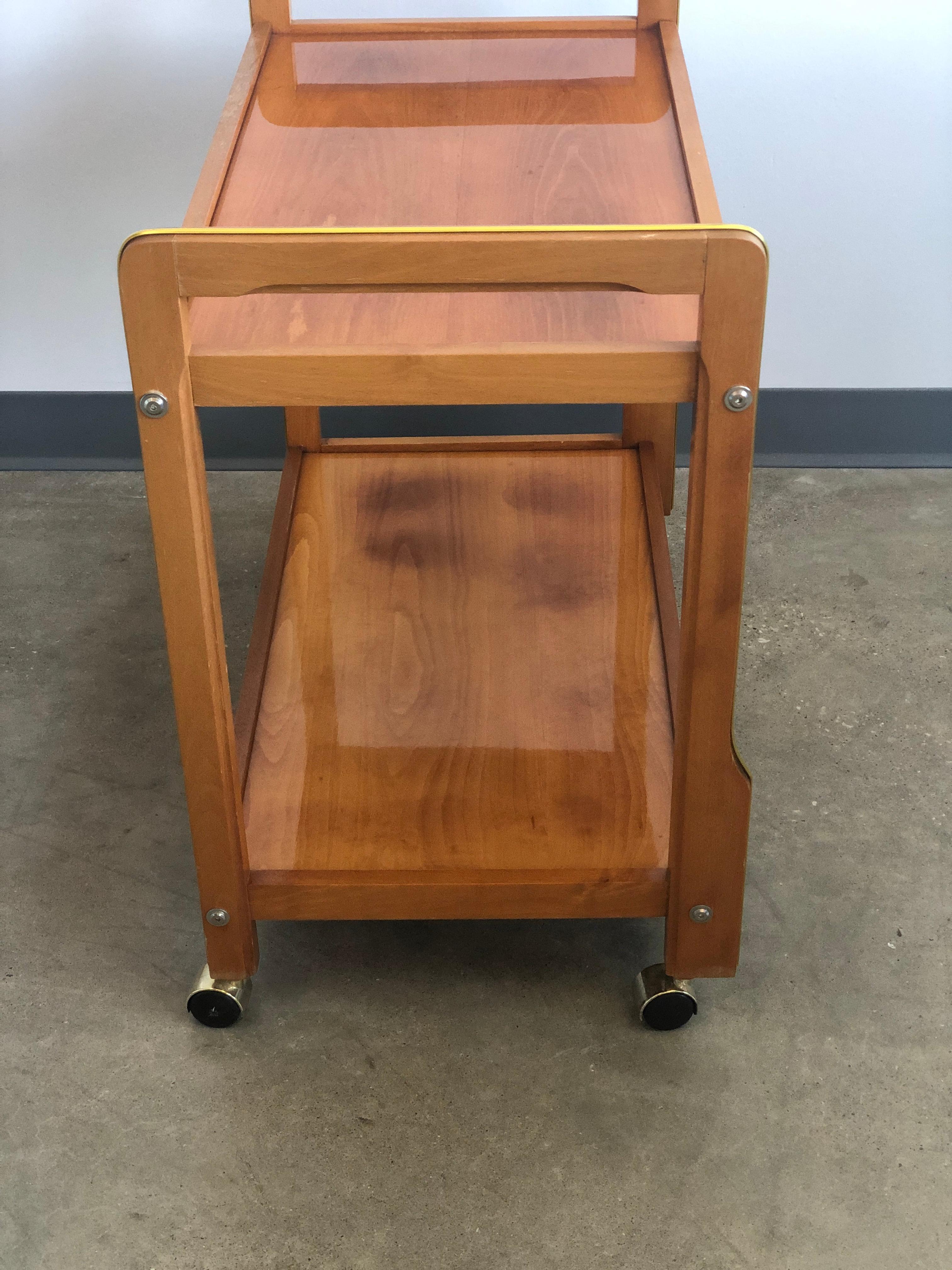 Lacquered Teak with Inlaid Brass Accents 2-Tier Bar Cart Beverage Cart, Tea Cart on Wheels For Sale