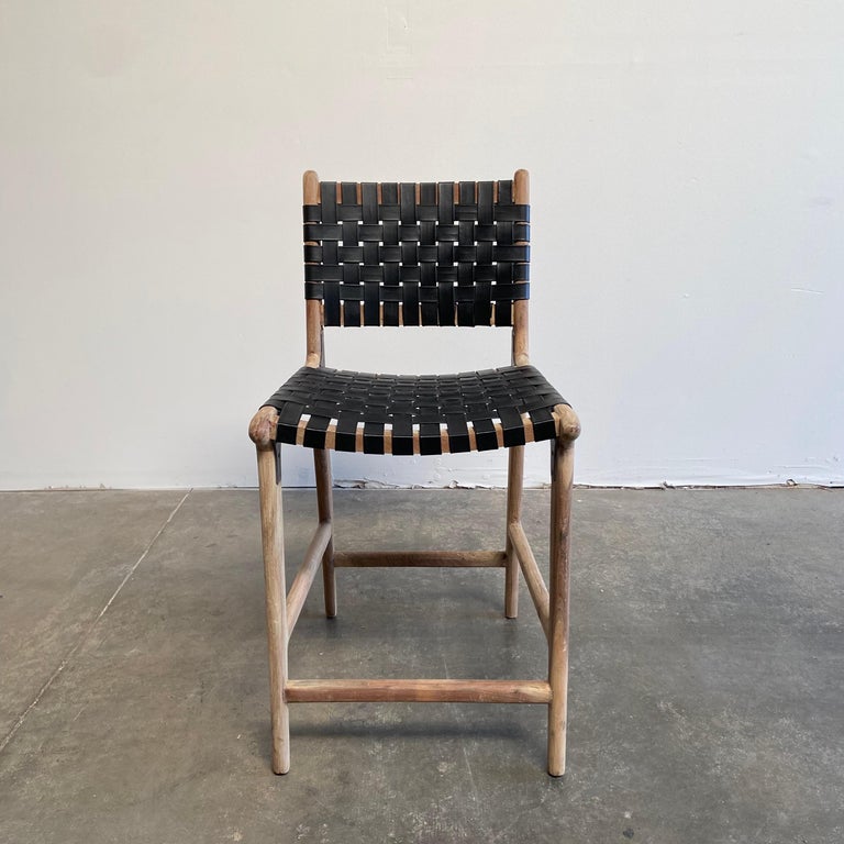 Teak Wood and Black Leather Woven Counter Stools with Backs at 1stDibs