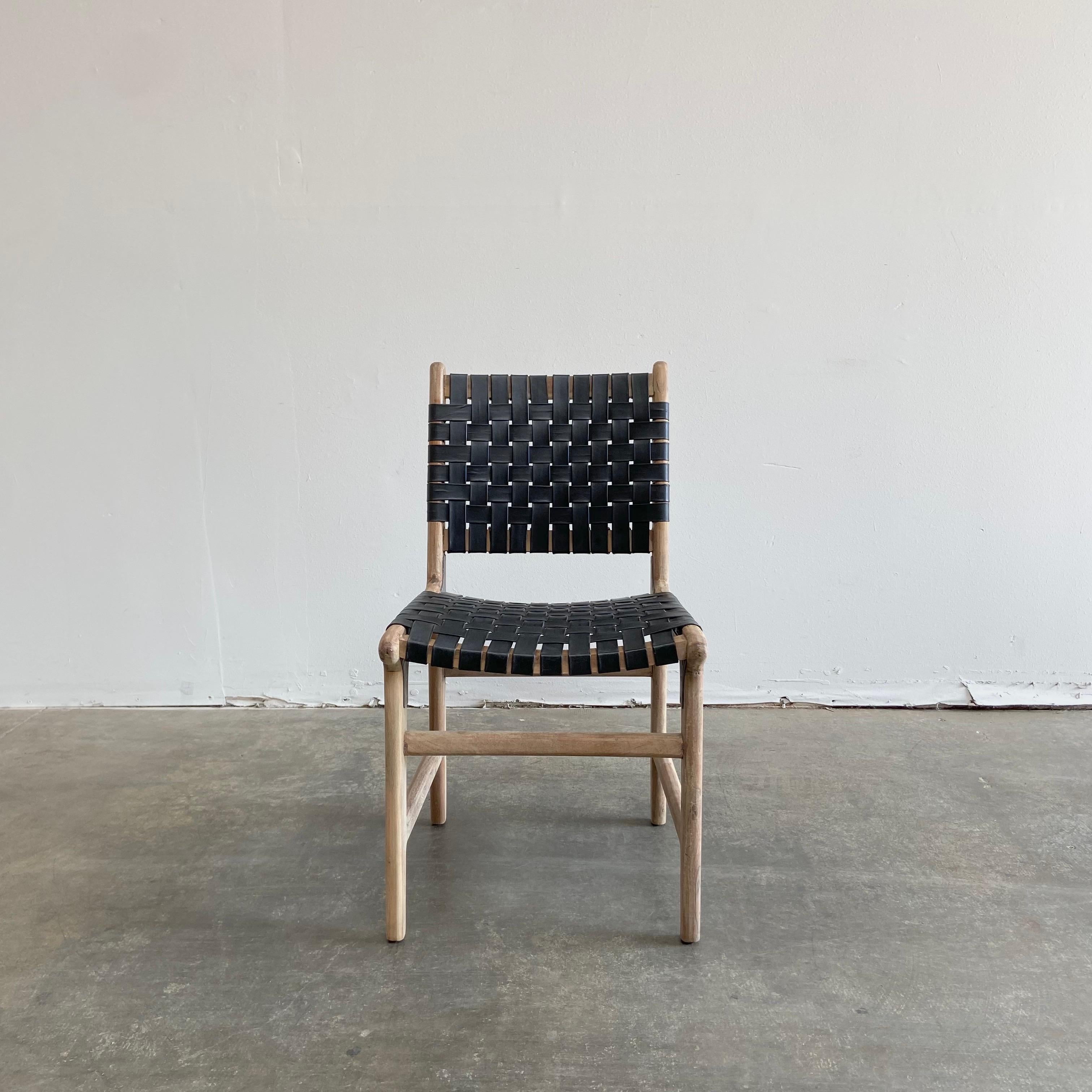Contemporary Teak Wood and Black Vintage Leather Woven Strap Dining Chairs For Sale