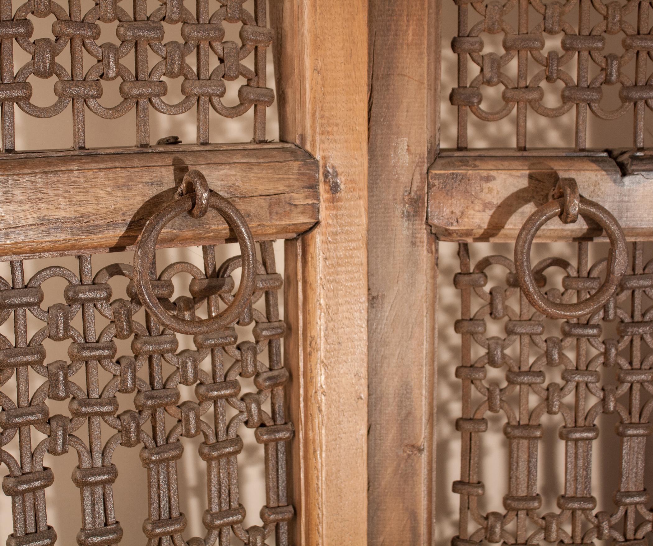 Teak Wood and Iron Four Panel Screen 2