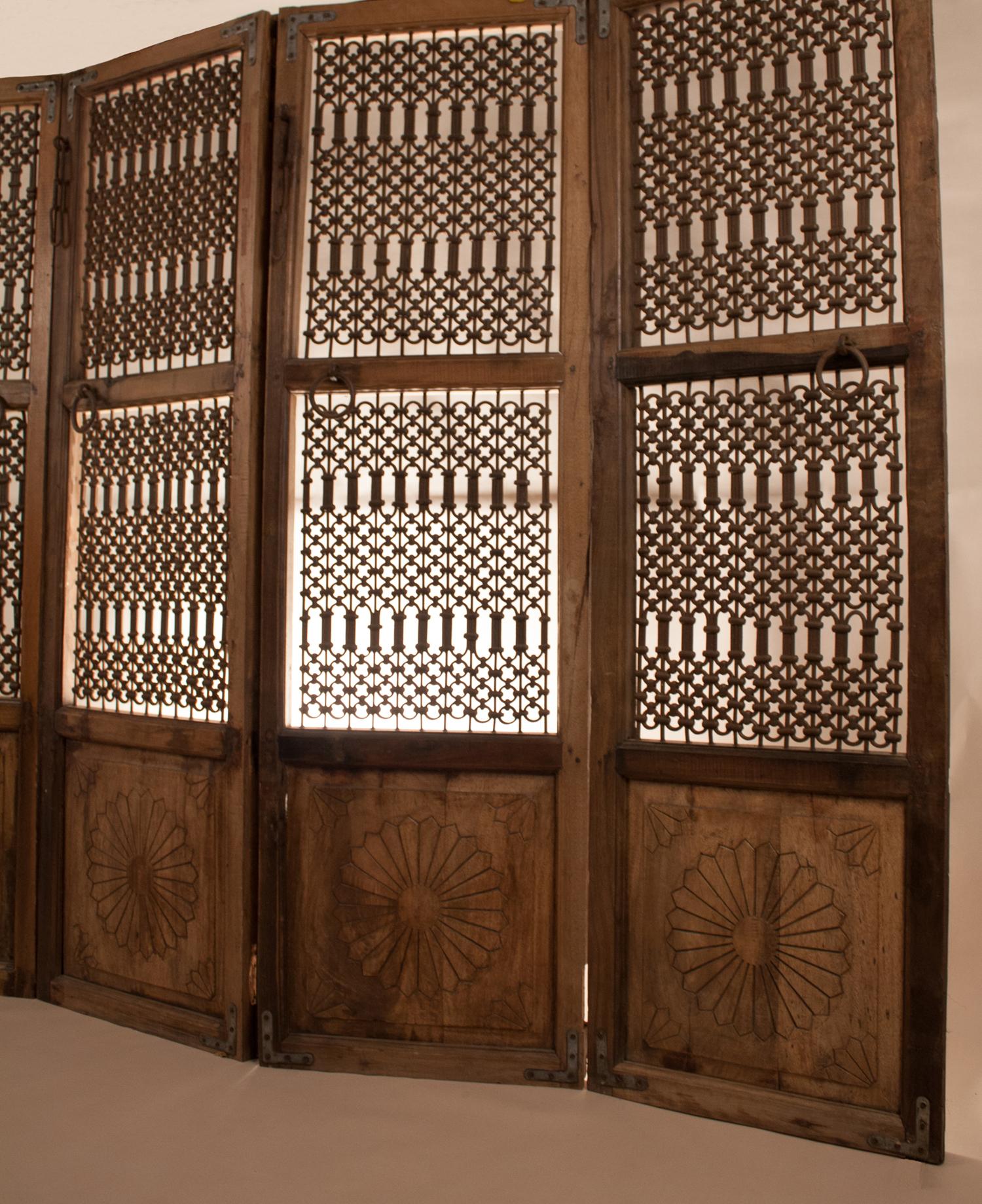 Anglo Raj Teak Wood and Iron Four Panel Screen