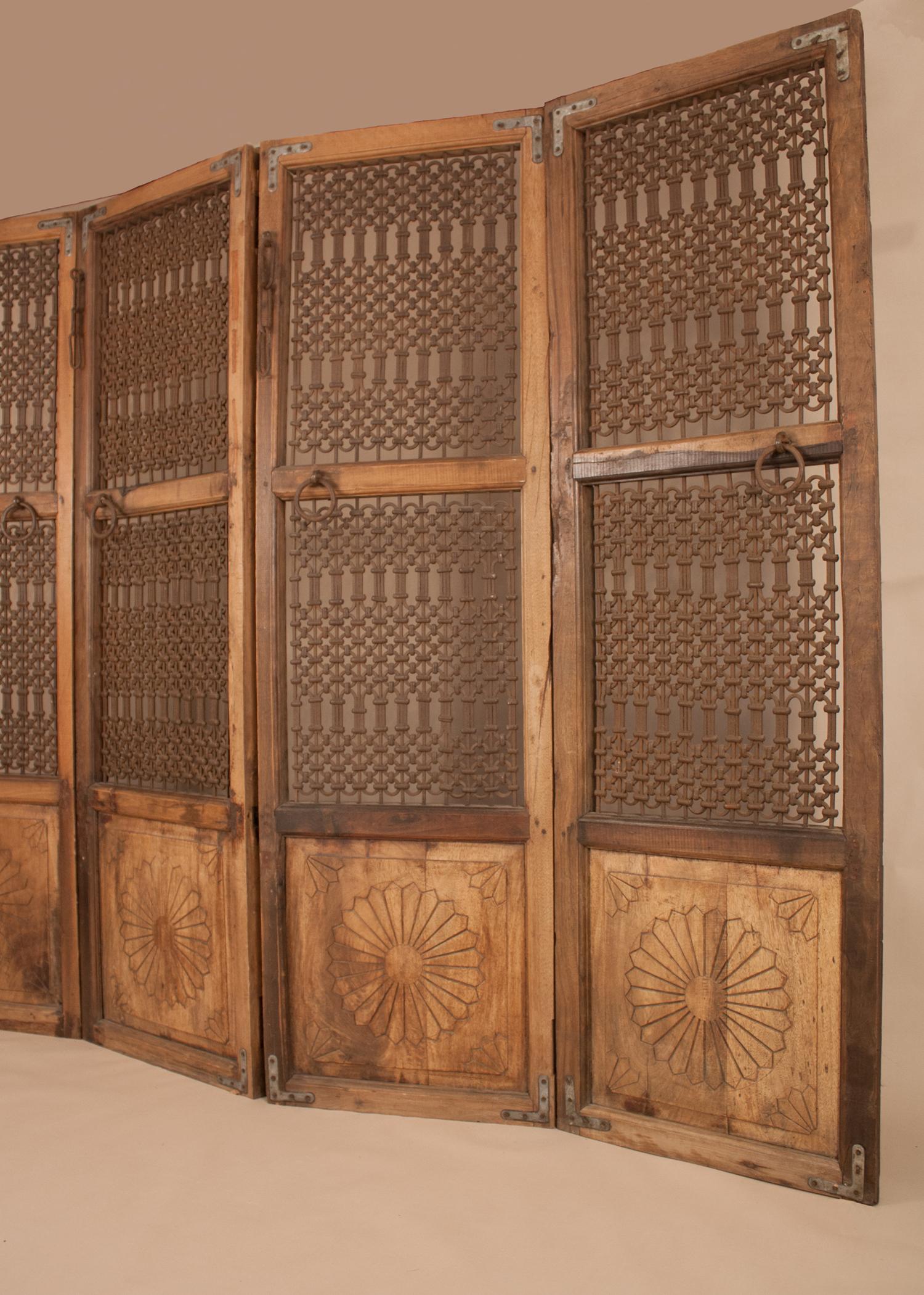 Indian Teak Wood and Iron Four Panel Screen