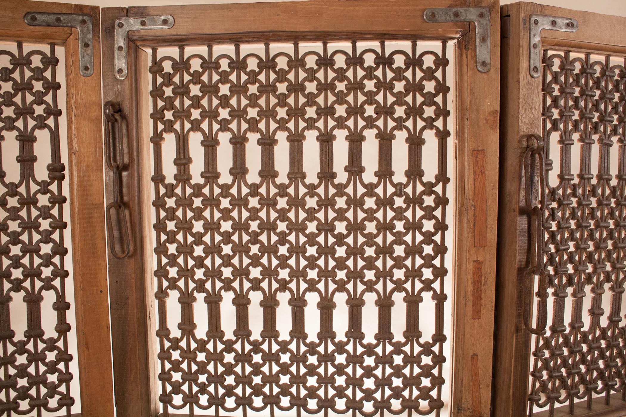 Carved Teak Wood and Iron Four Panel Screen