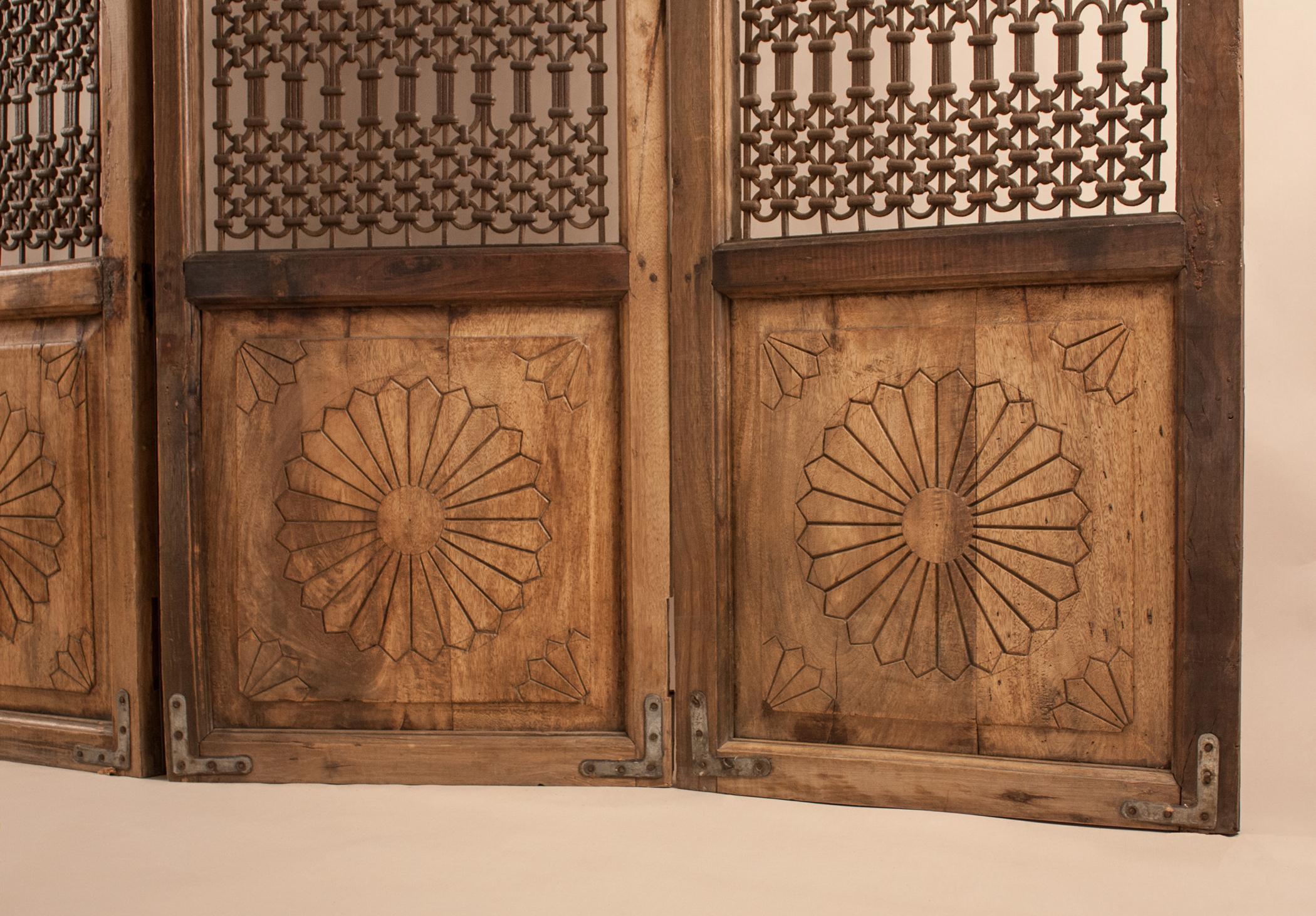 Teak Wood and Iron Four Panel Screen In Good Condition In Heath, MA