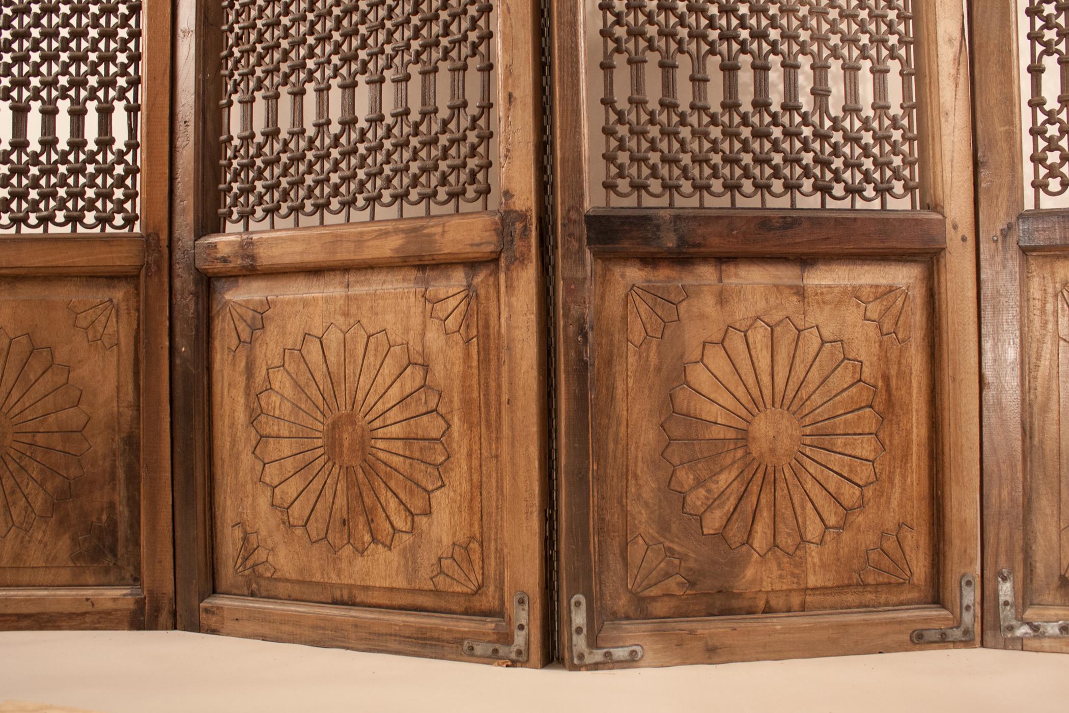 20th Century Teak Wood and Iron Four Panel Screen