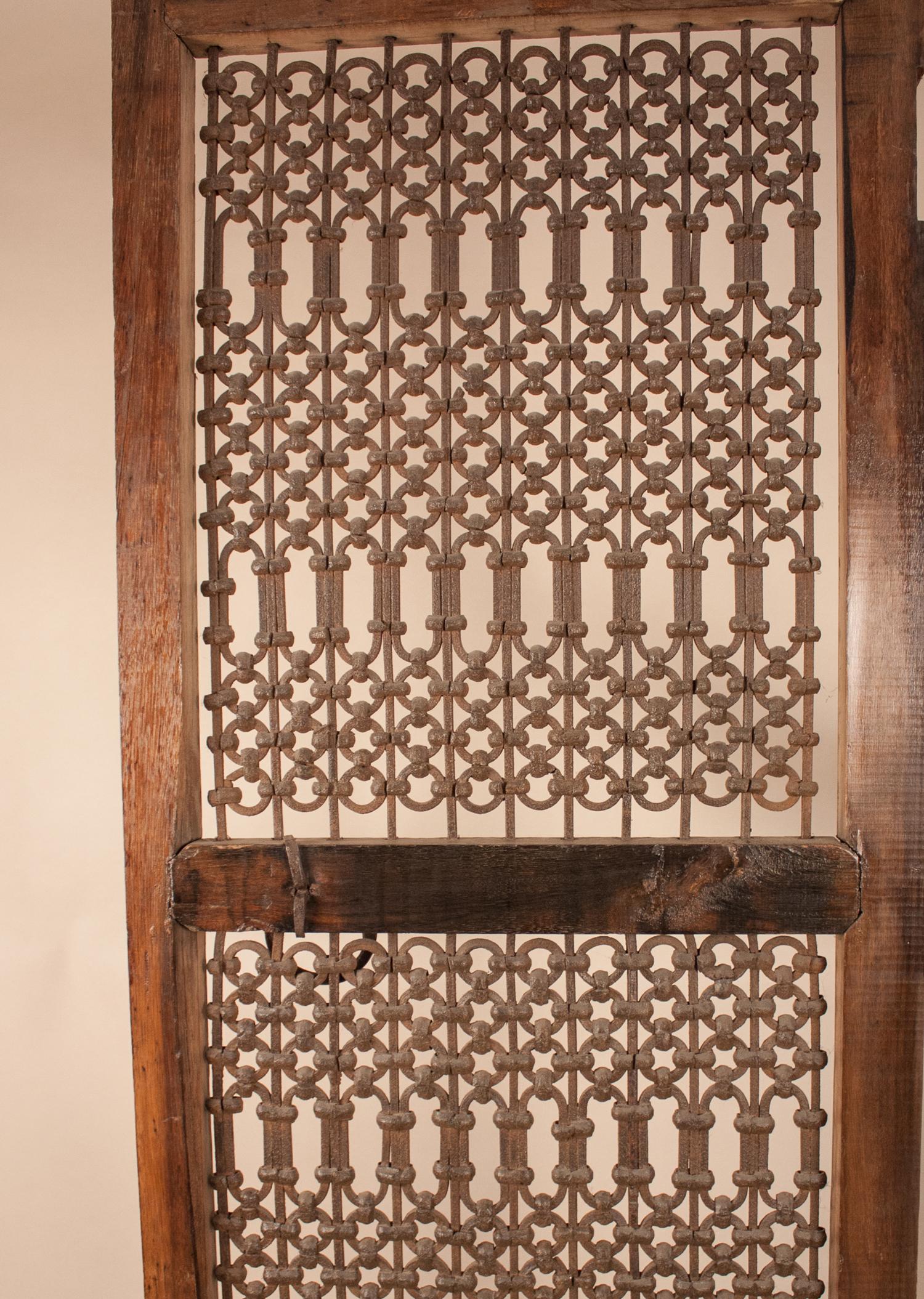 Teak Wood and Iron Four Panel Screen 1