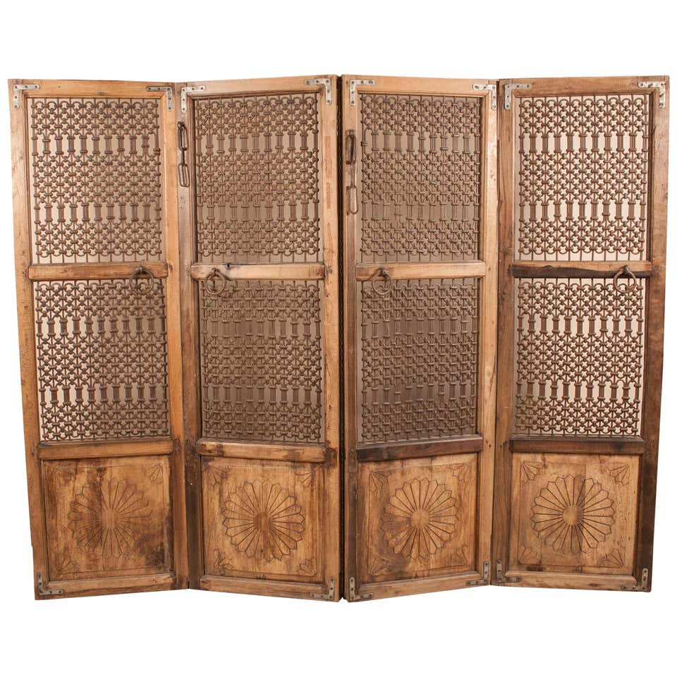 Teak Wood and Iron Four Panel Screen at 1stDibs | teak wood screen