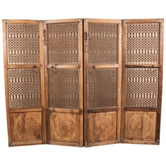 Teak Wood and Iron Four Panel Screen 