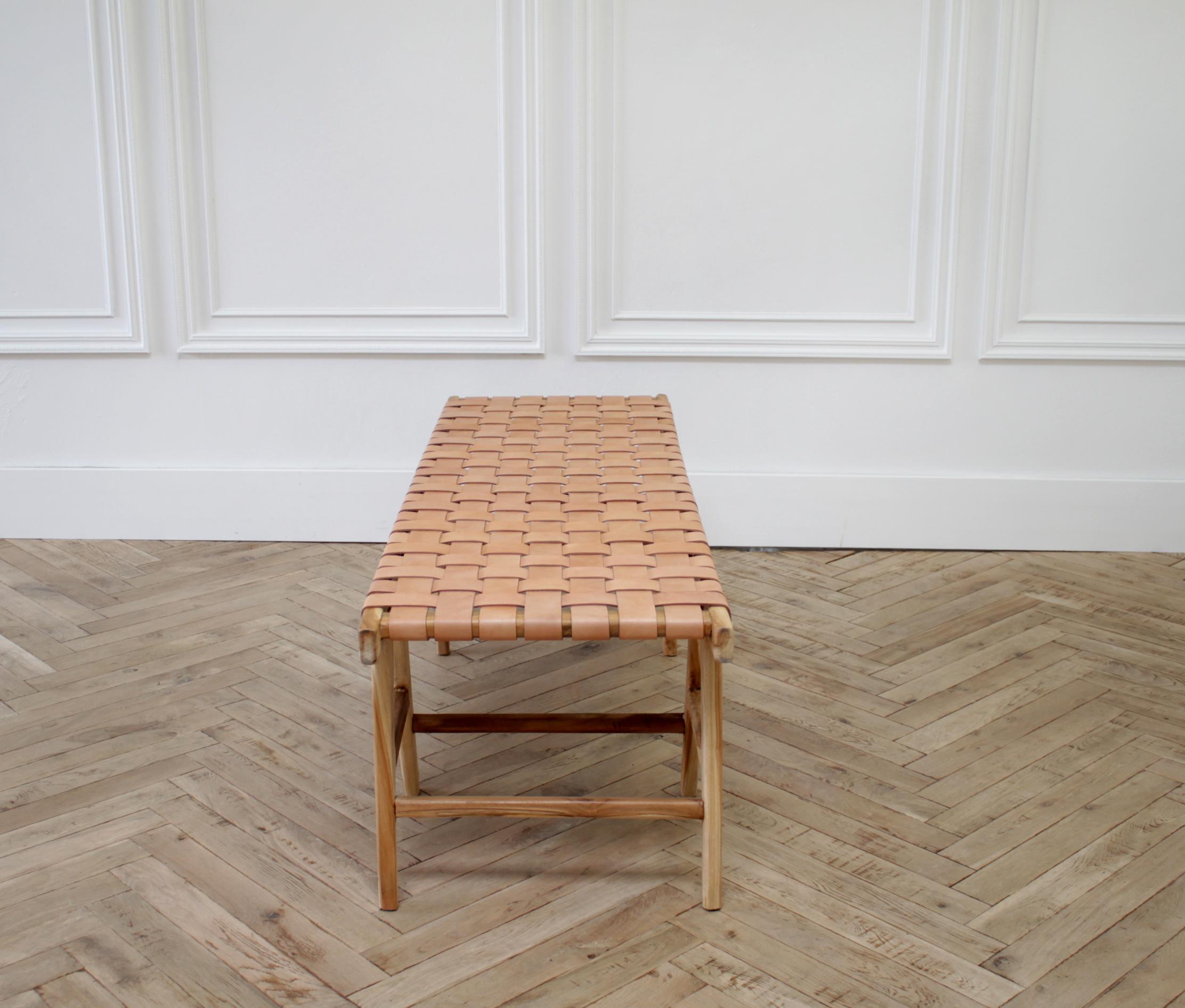 Teak Wood and Leather Strap Bench at 1stDibs