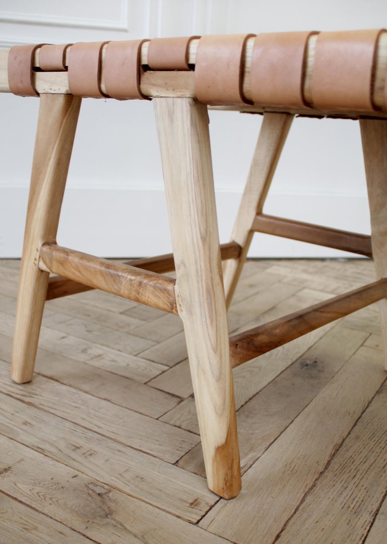 Teak Wood and Leather Strap Bench at 1stDibs