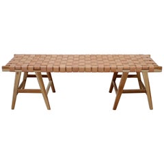Teak Wood and Leather Strap Bench