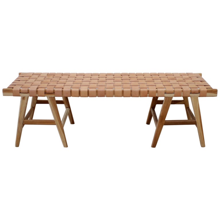 Teak Wood and Leather Strap Bench at 1stDibs