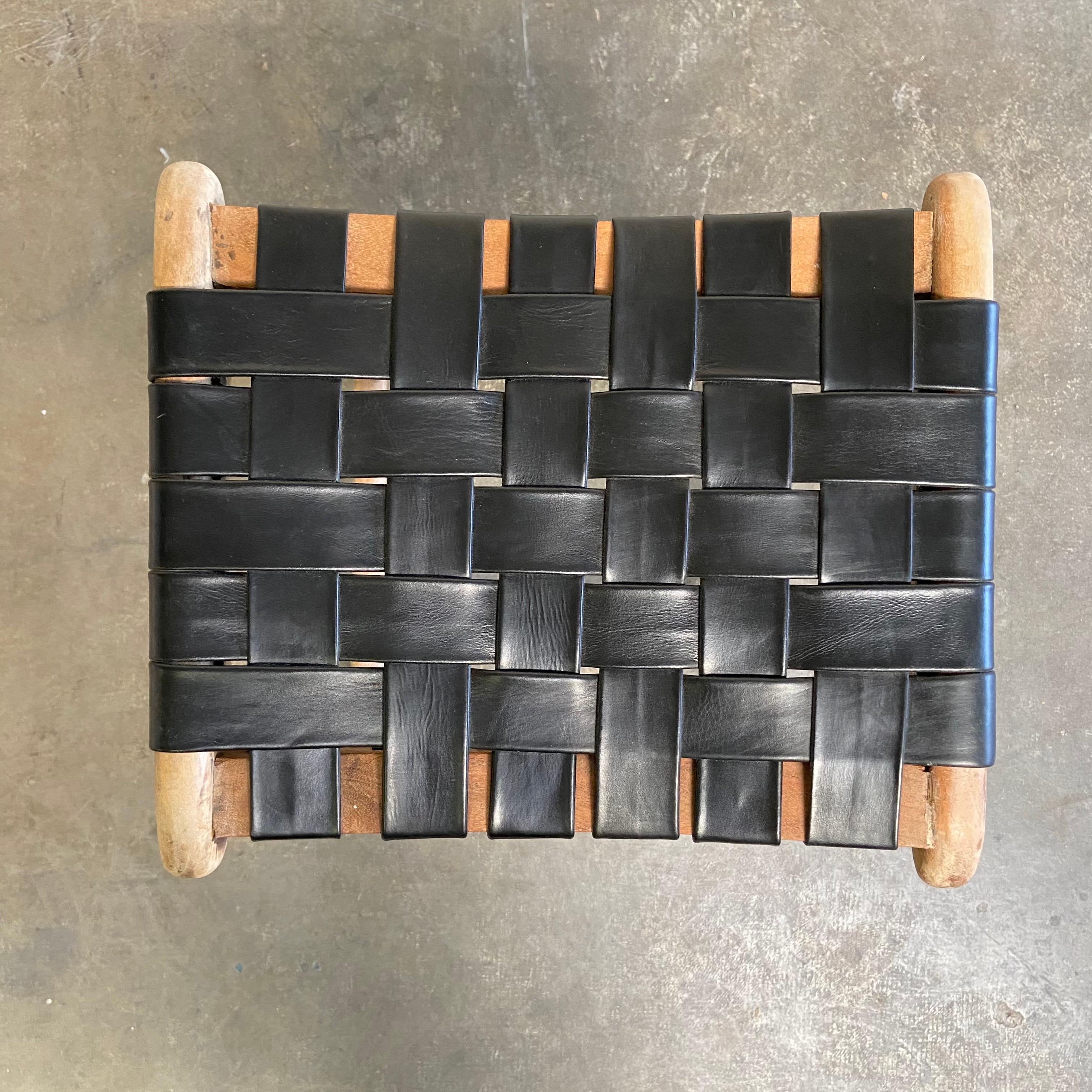 Modern Teak Wood and Woven Counter Stools in Black Leather