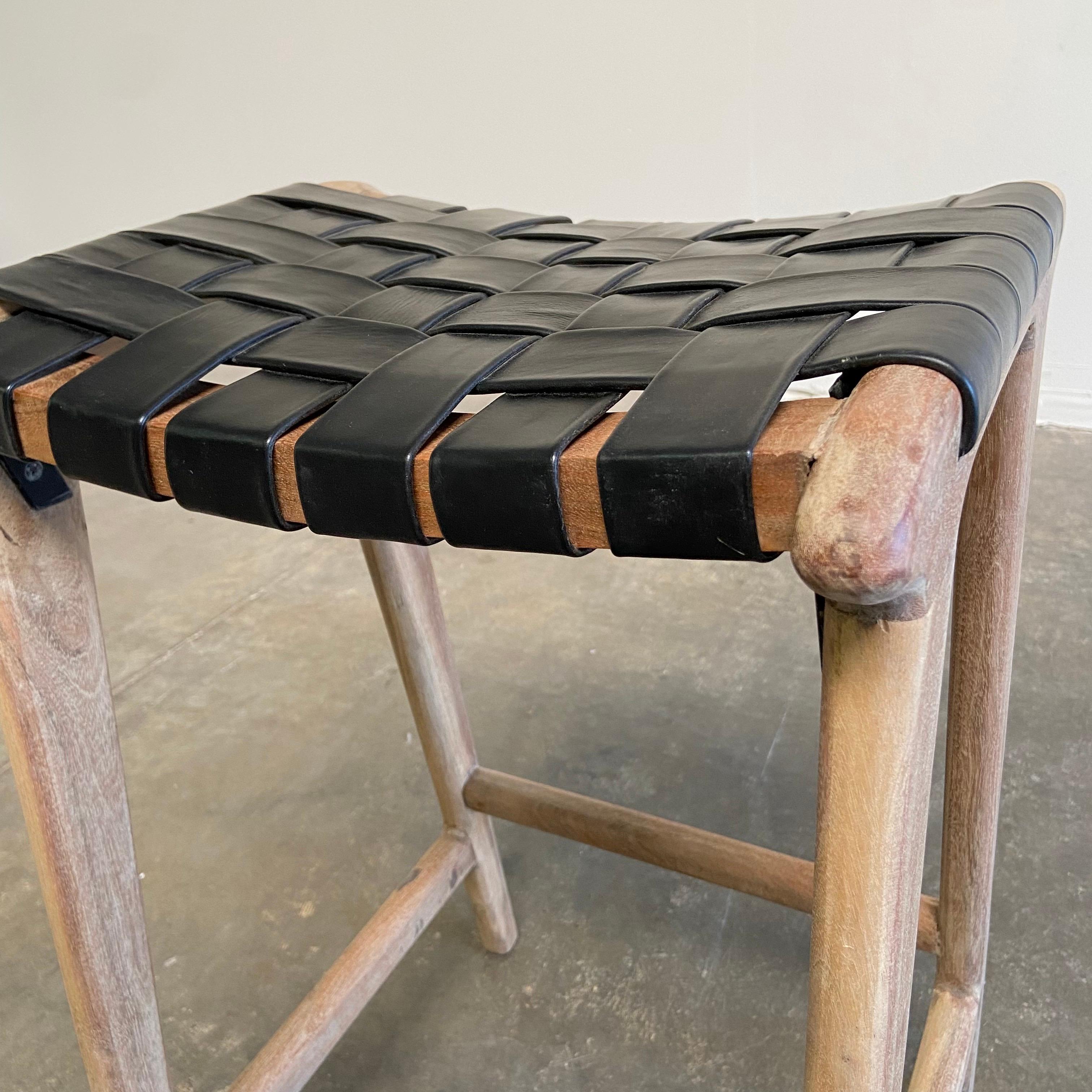 Teak Wood and Woven Counter Stools in Black Leather In New Condition In Old Town Orange, CA