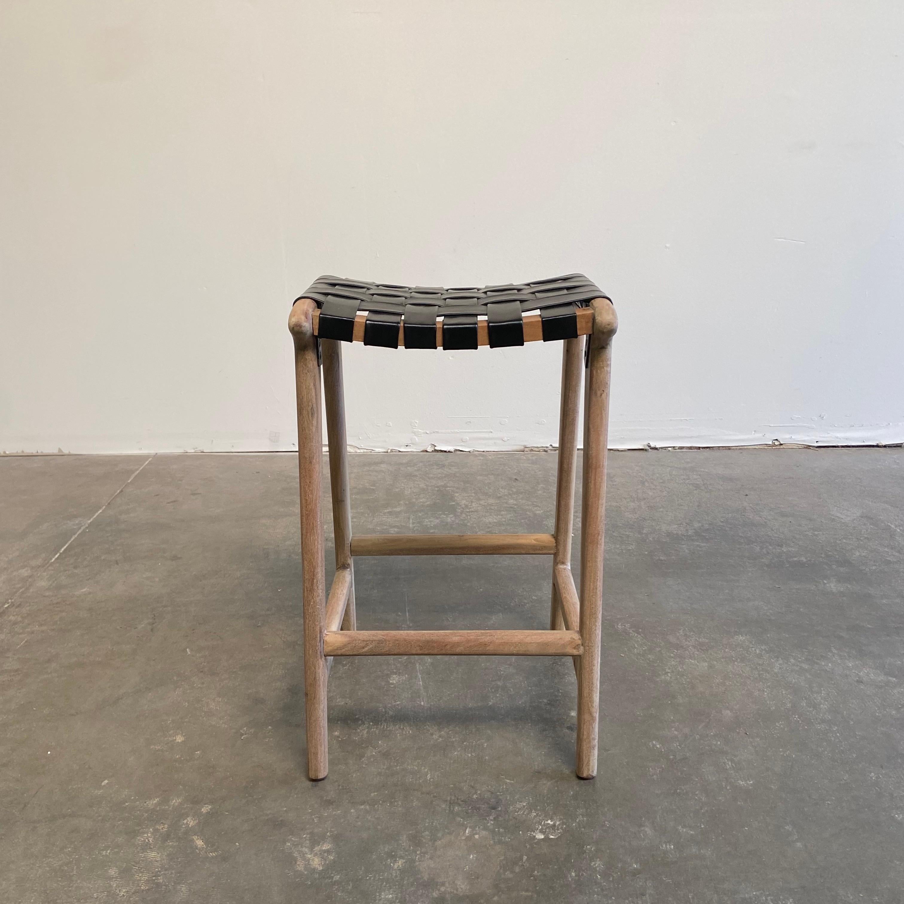 Contemporary Teak Wood and Woven Counter Stools in Black Leather