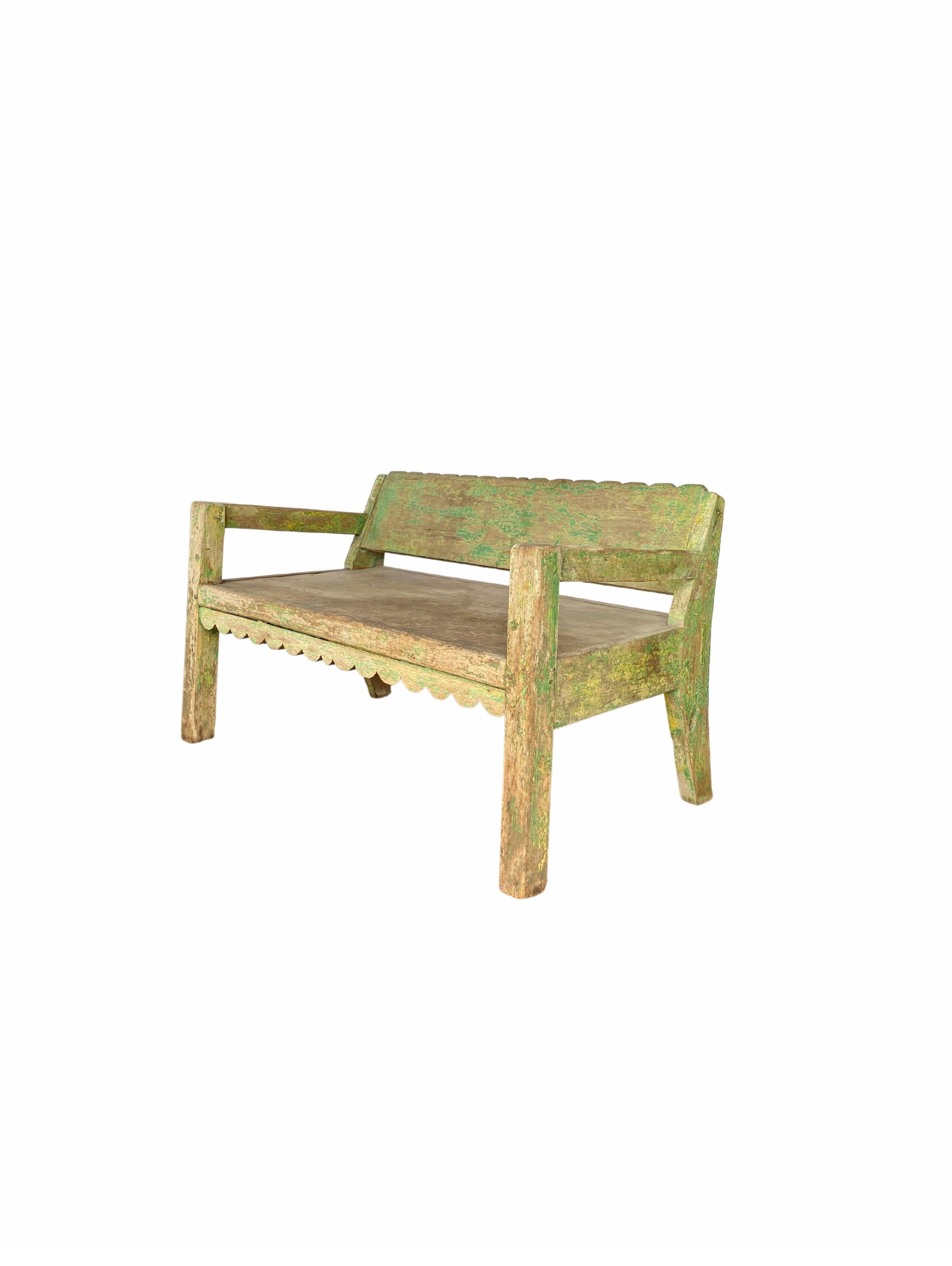 Other Teak Wood Bench with Green Polychrome from Madura Island, East Java, Indonesia