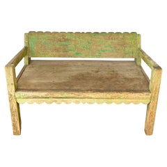 Vintage Teak Wood Bench with Green Polychrome from Madura Island, East Java, Indonesia