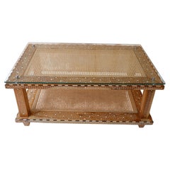 Teak Wood Bone Inlay & Rattan Shelf Coffee Table, Glass Top by House of Jaipur