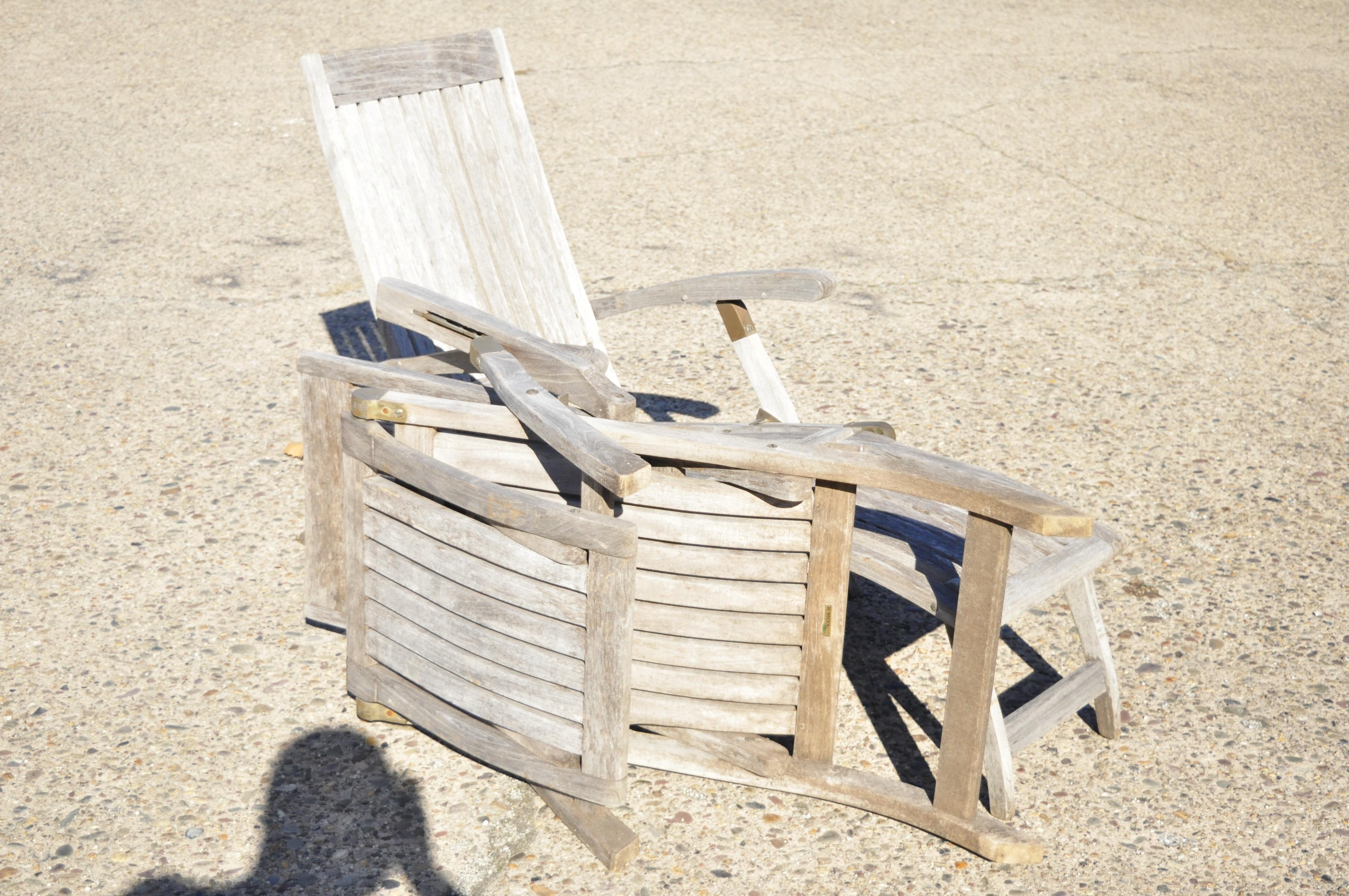 Teak Wood & Brass Folding Steamer Deck Lounge Pool Chair Chaise Lounge - a Pair 3