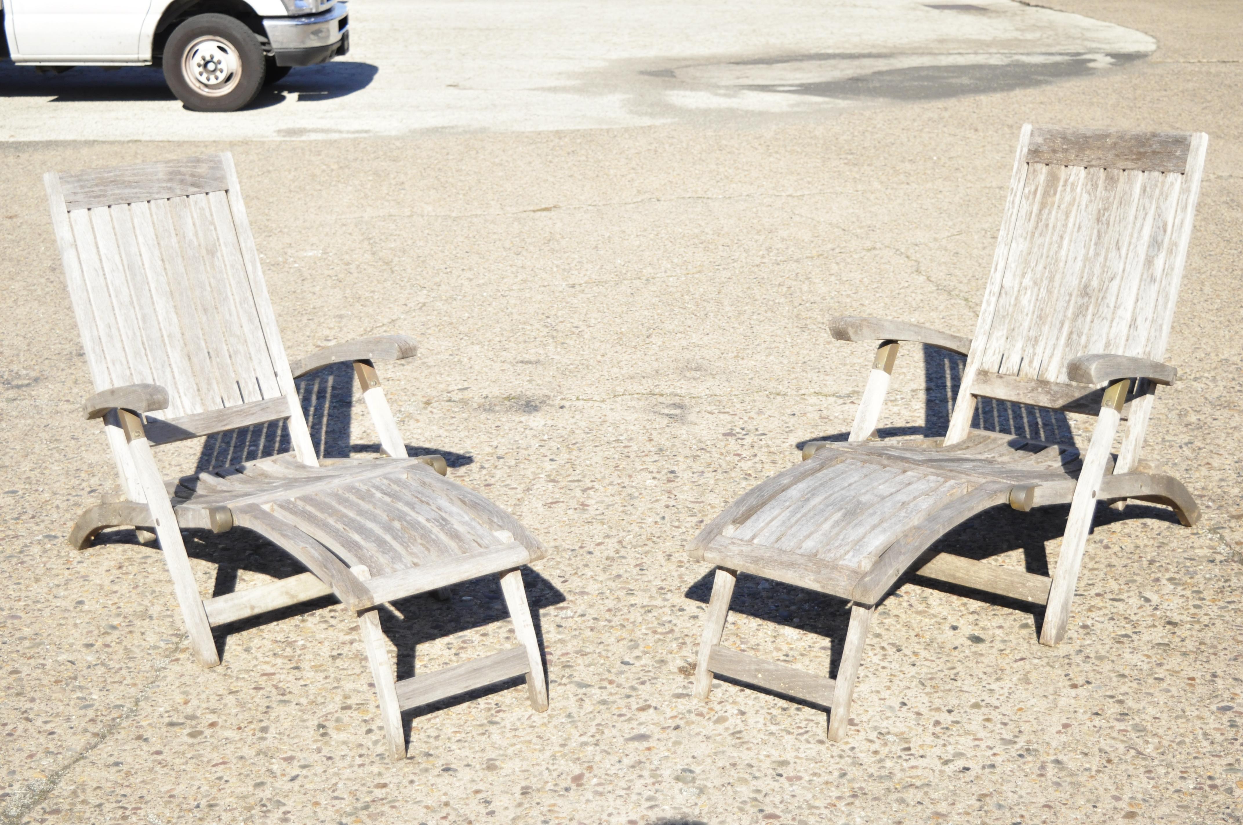 Teak Wood & Brass Folding Steamer Deck Lounge Pool Chair Chaise Lounge - a Pair 4