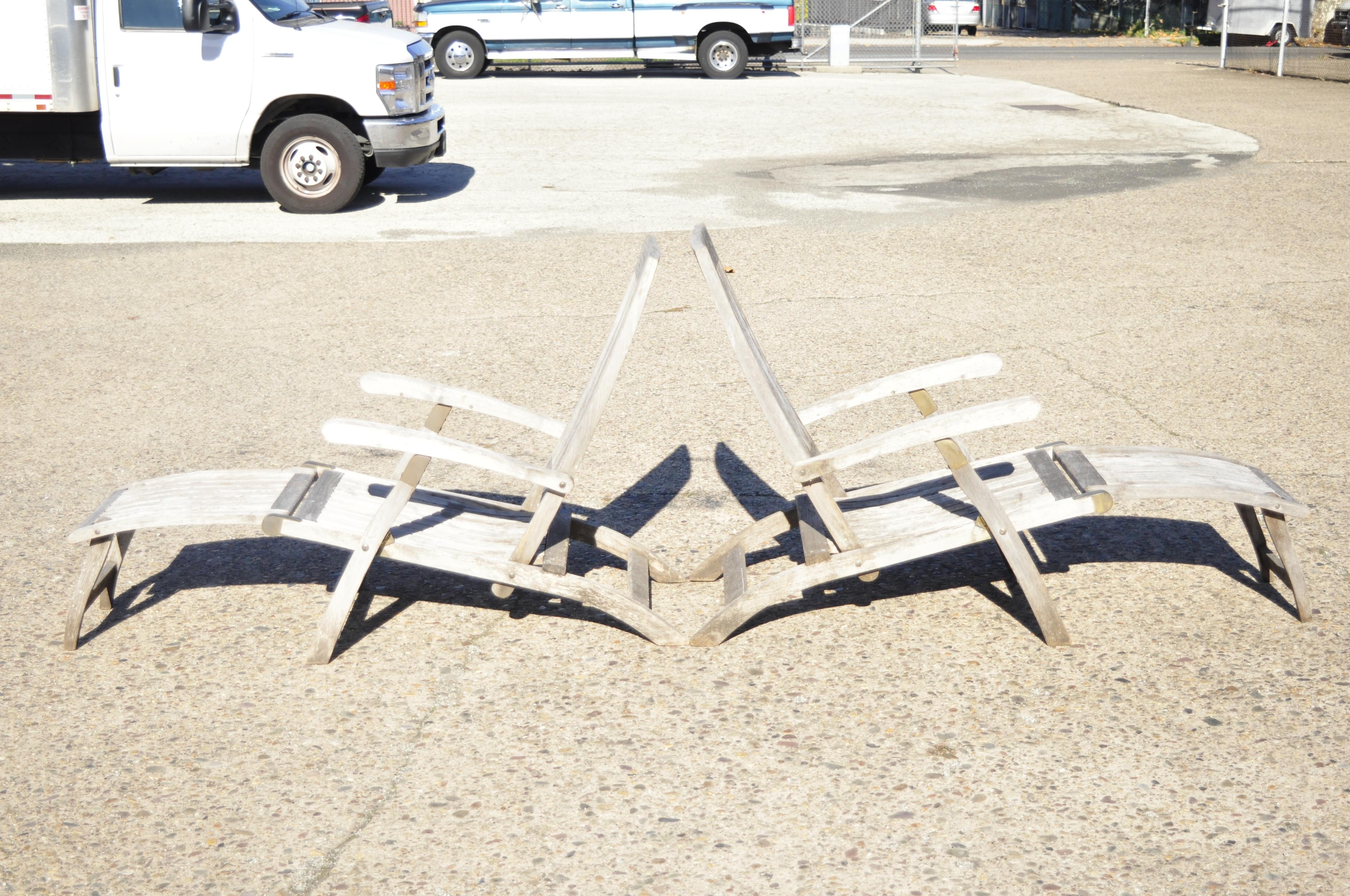 Victorian Teak Wood & Brass Folding Steamer Deck Lounge Pool Chair Chaise Lounge - a Pair