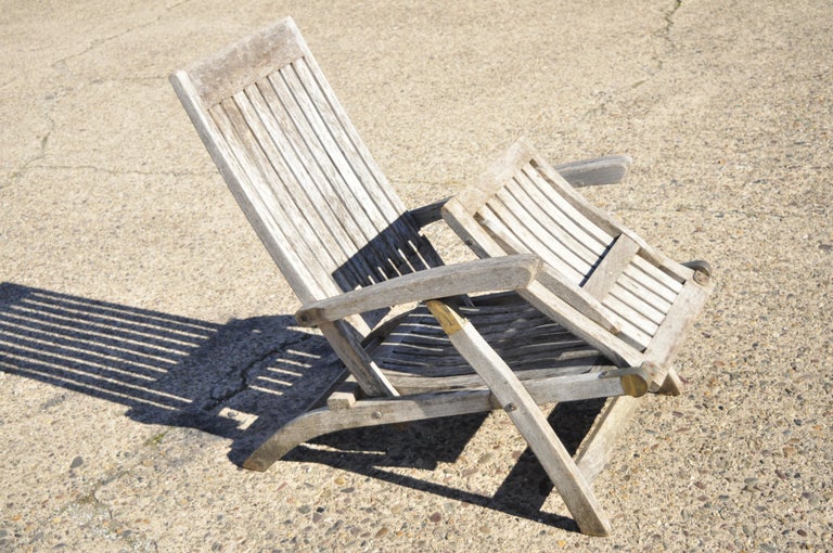 Teak Wood and Brass Folding Steamer Deck Lounge Pool Chair Chaise