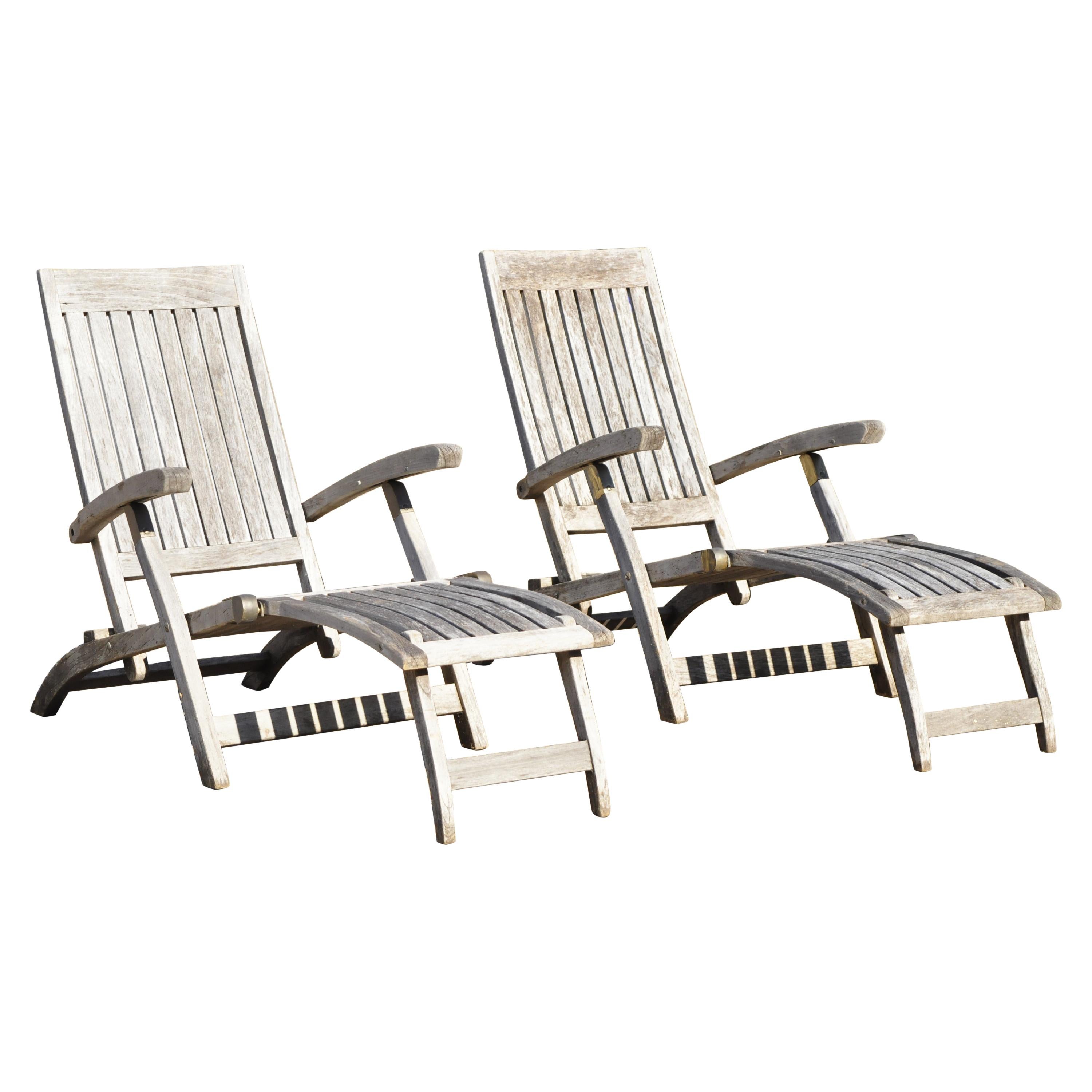 Teak Wood & Brass Folding Steamer Deck Lounge Pool Chair Chaise Lounge - a Pair