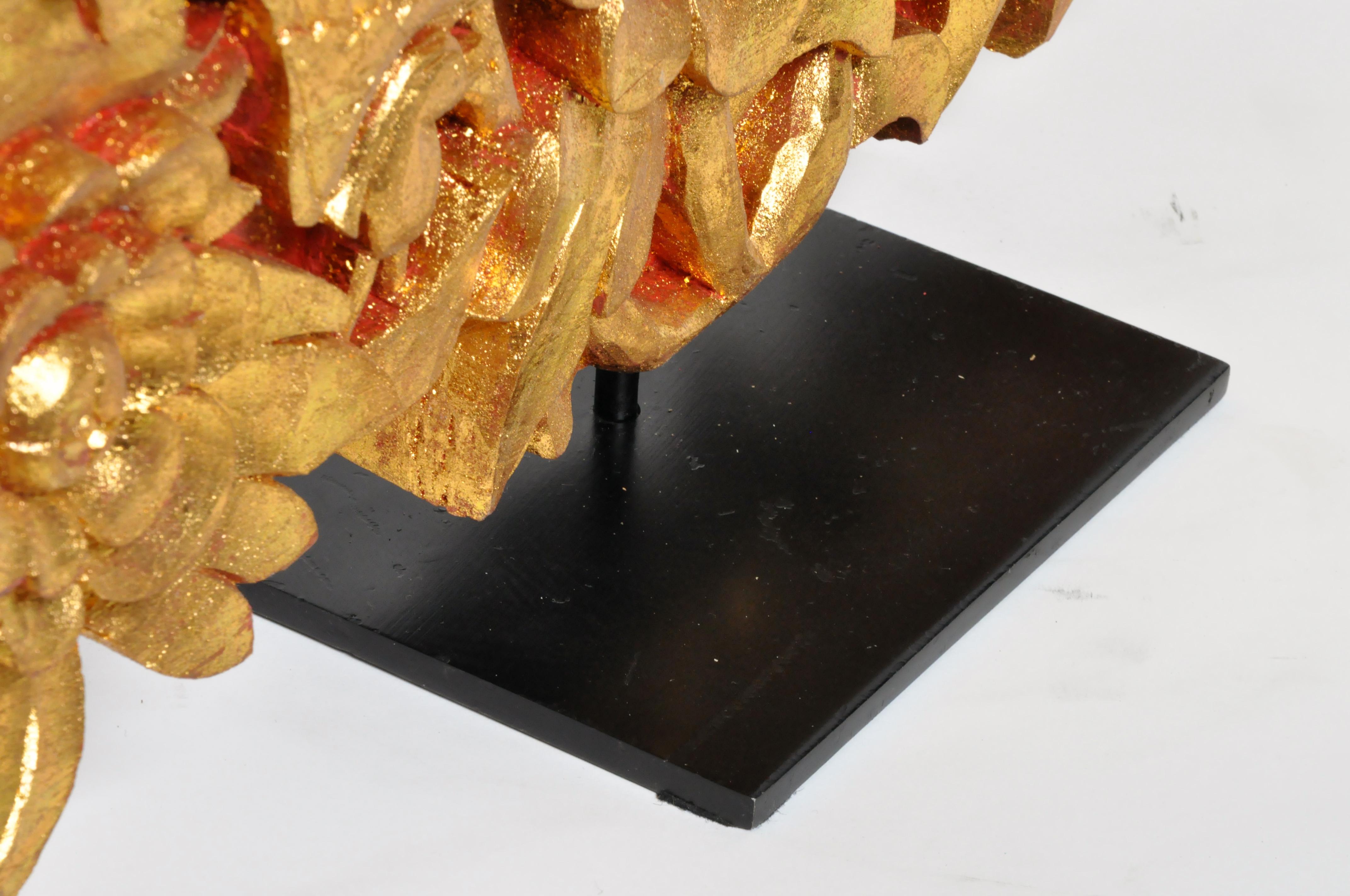Teak Wood Carving with Gold Paint on Metal Stand 13