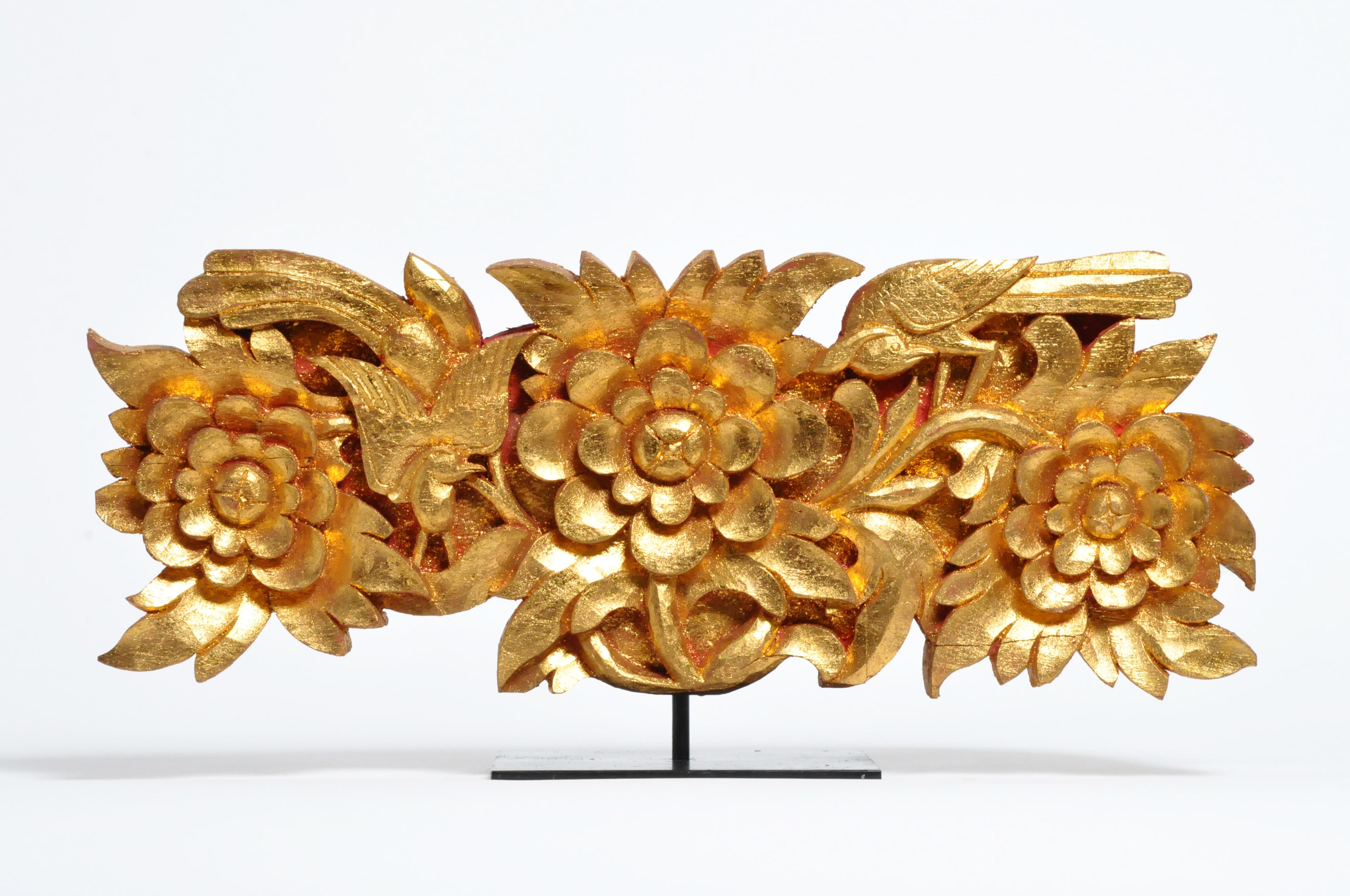 Teak Wood Carving with Gold Paint on Metal Stand 14