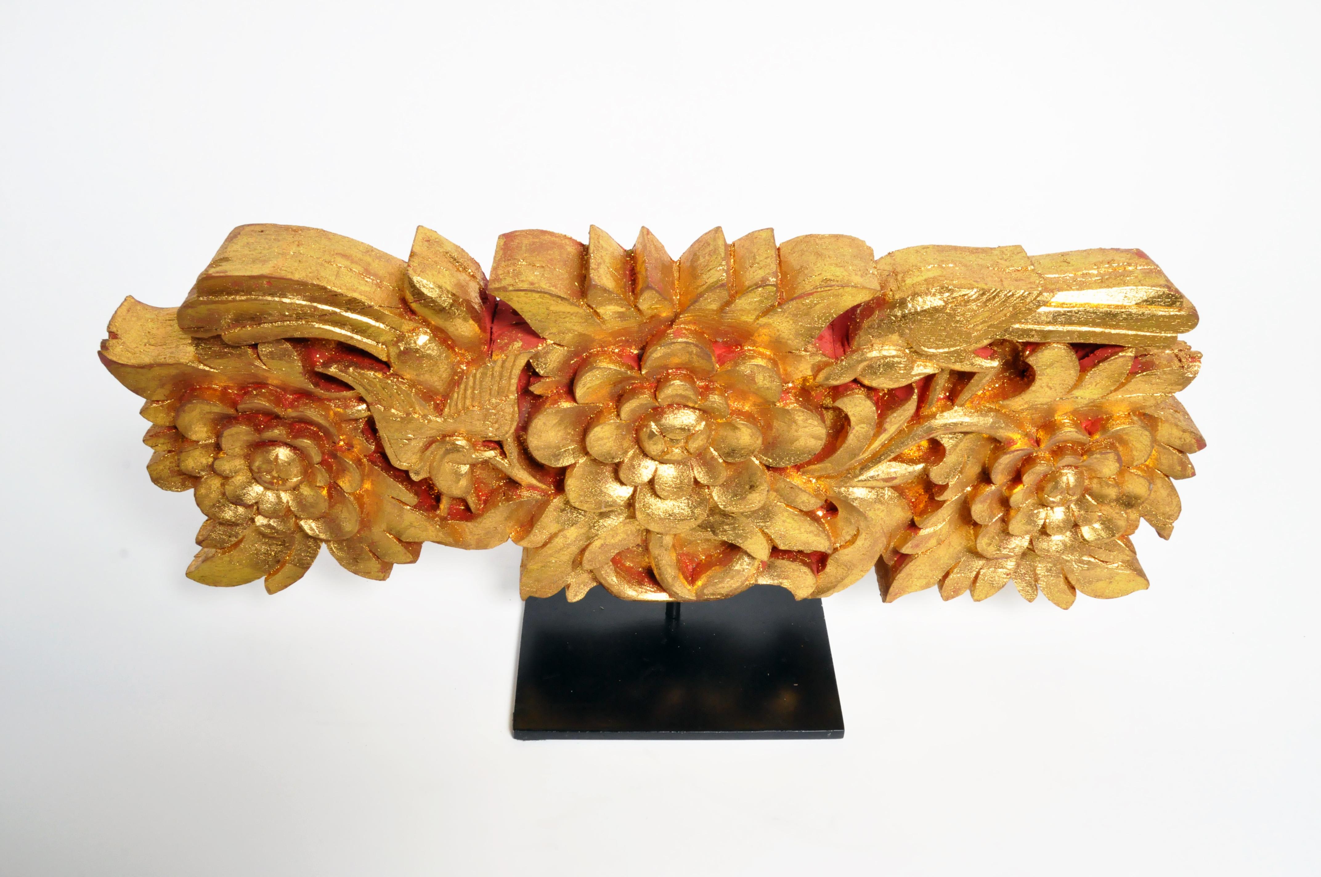 Contemporary Teak Wood Carving with Gold Paint on Metal Stand