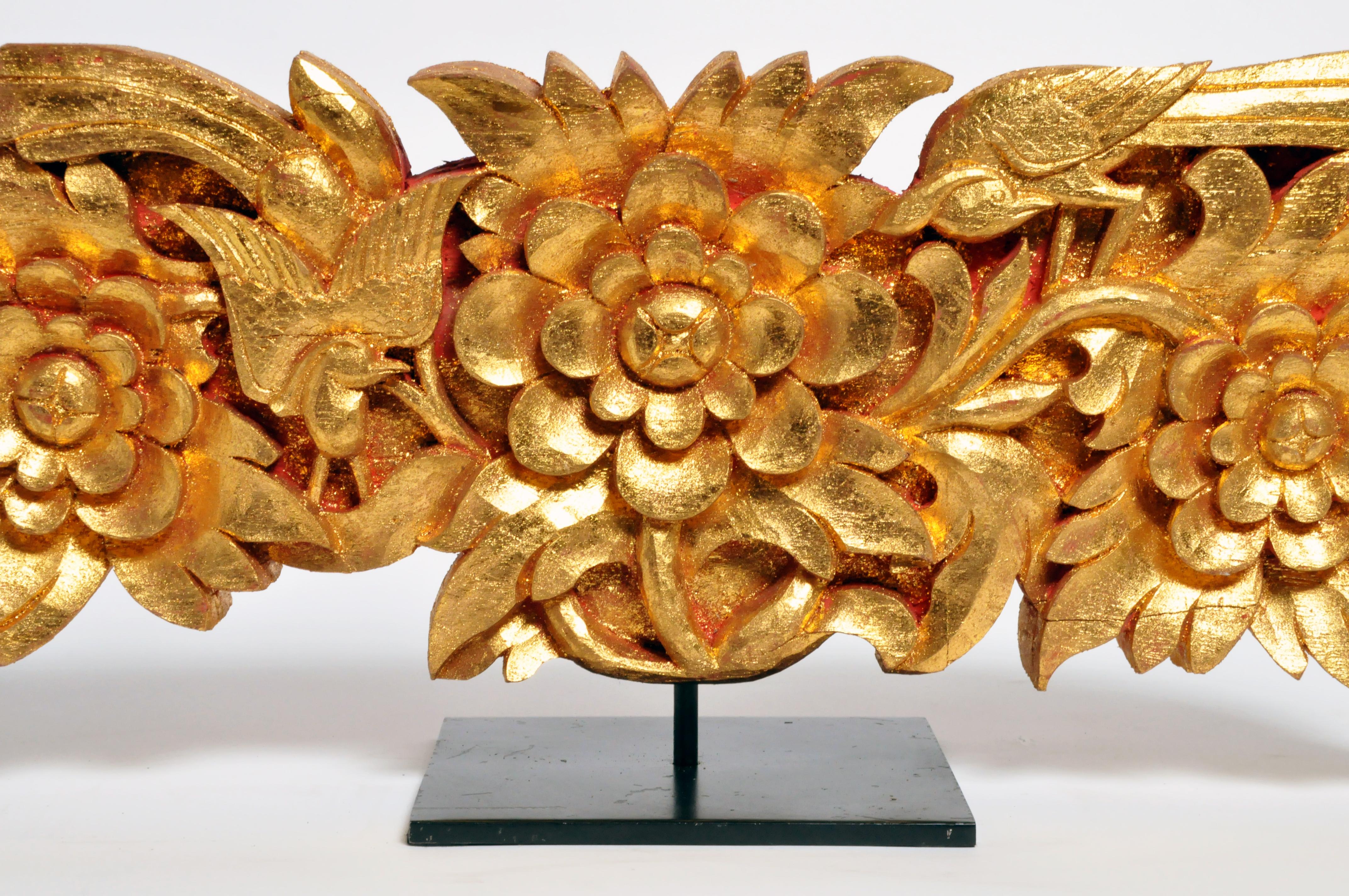Teak Wood Carving with Gold Paint on Metal Stand 2