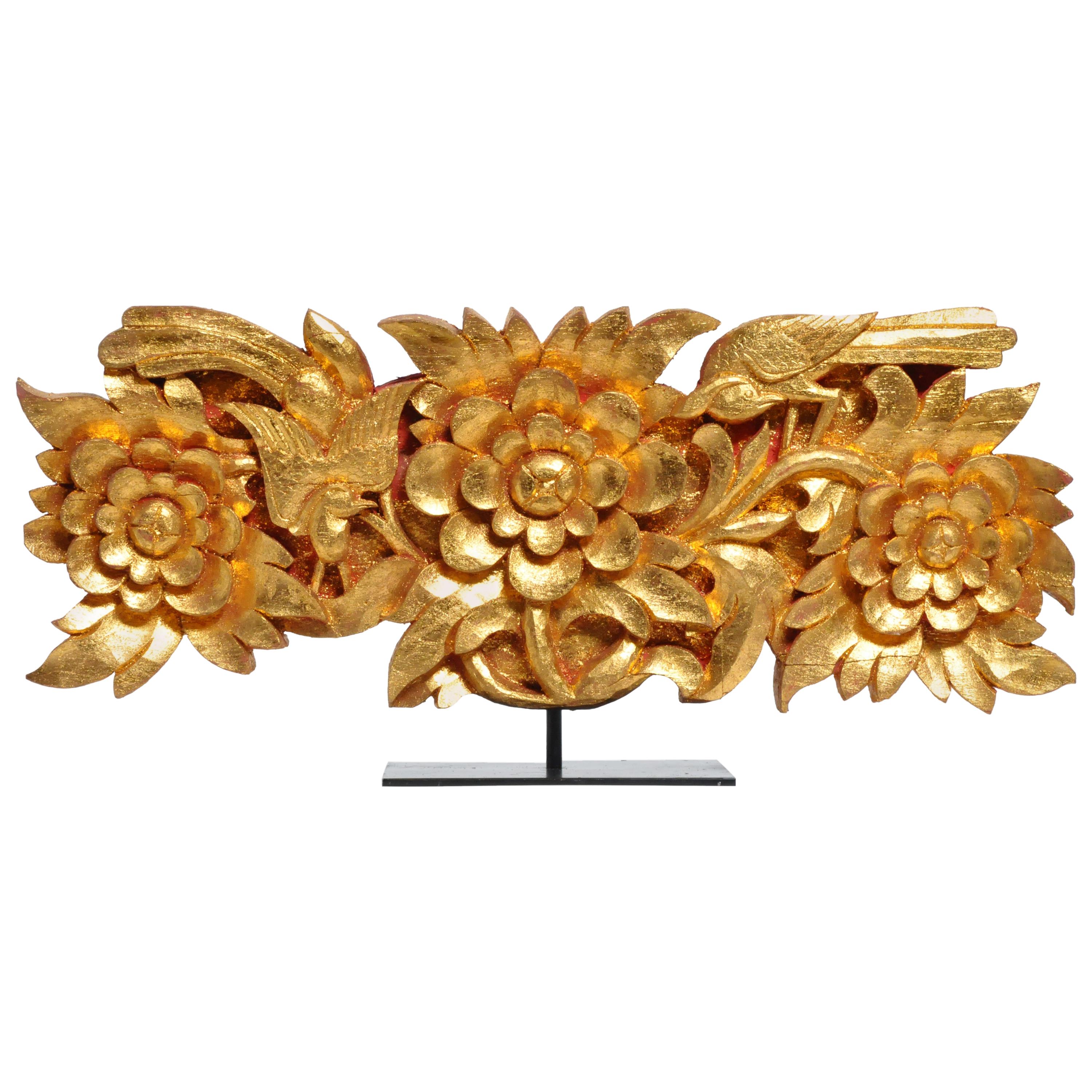 Teak Wood Carving with Gold Paint on Metal Stand