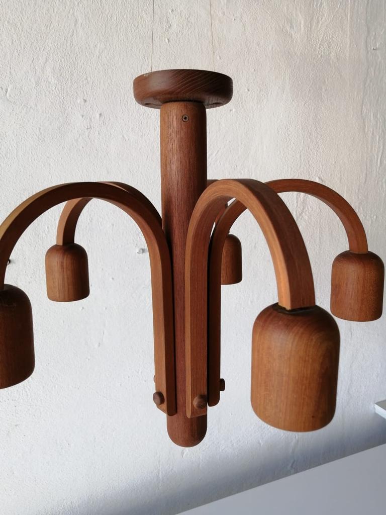 Mid-Century Modern Teak Wood 5 Armed Ceiling Lamp by Domus, 1970s, Italy