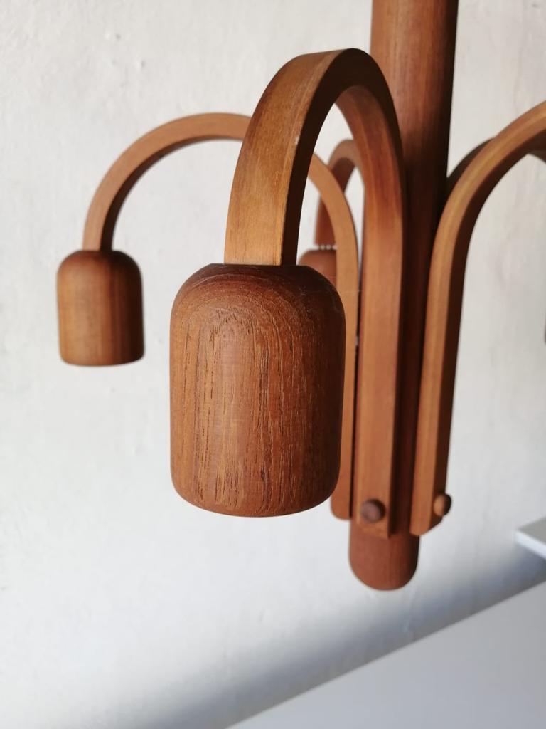 Italian Teak Wood 5 Armed Ceiling Lamp by Domus, 1970s, Italy