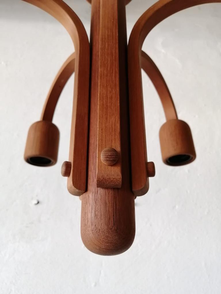 Teak Wood 5 Armed Ceiling Lamp by Domus, 1970s, Italy In Good Condition In Hagenbach, DE