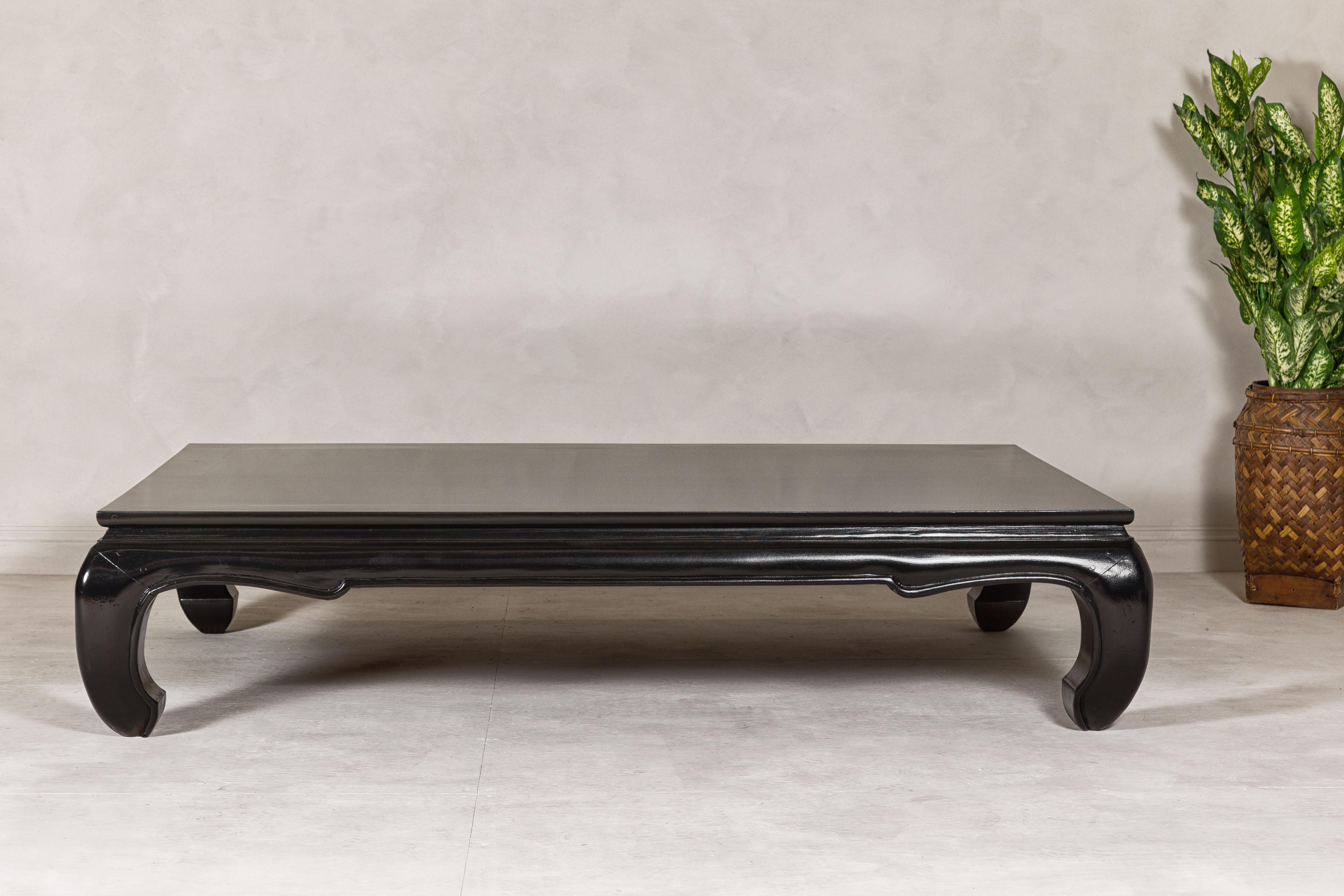 Thai Teak Wood Chow Legs Coffee Table with Custom Black Lacquer Finish For Sale