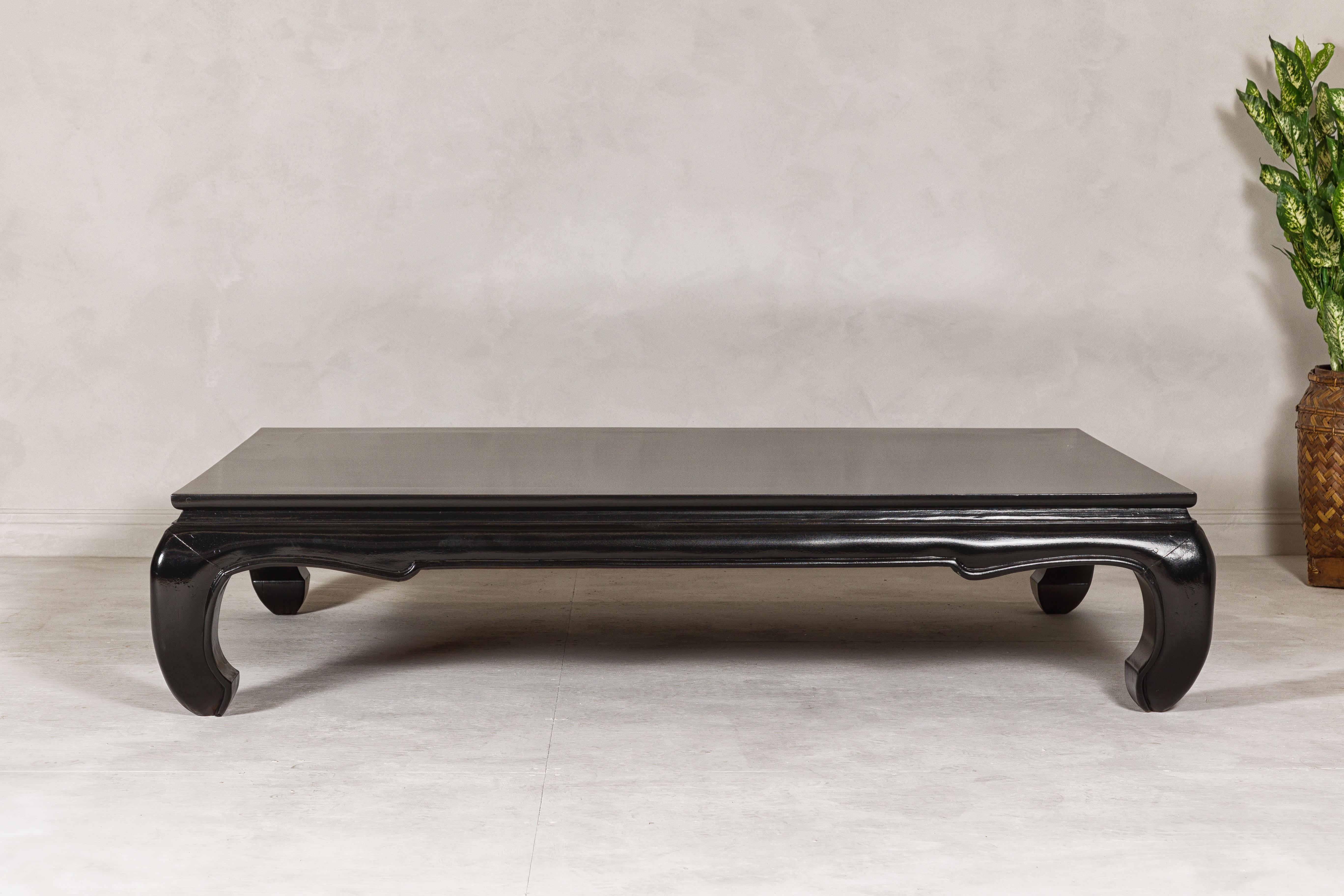 Carved Teak Wood Chow Legs Coffee Table with Custom Black Lacquer Finish For Sale