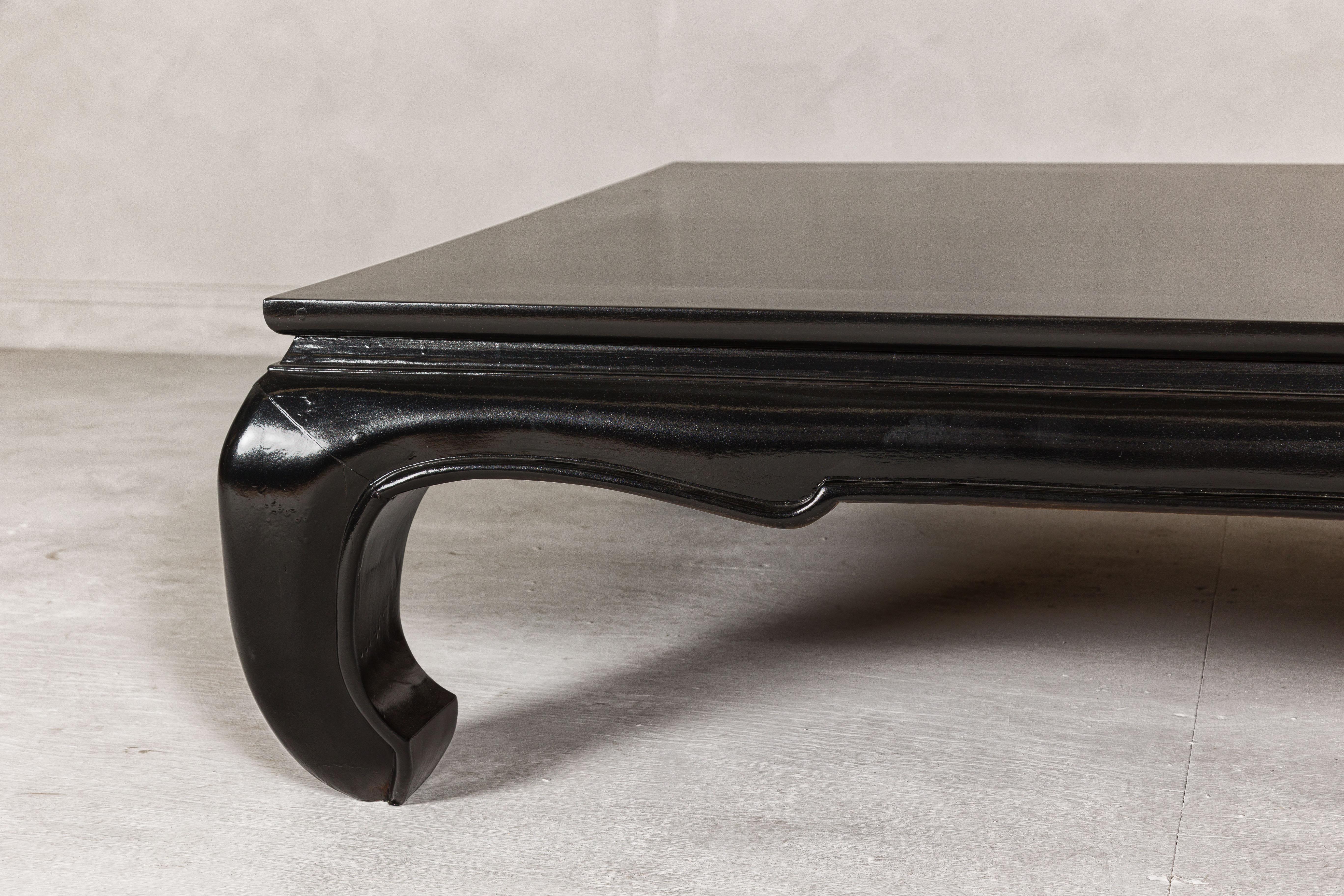Teak Wood Chow Legs Coffee Table with Custom Black Lacquer Finish In Good Condition For Sale In Yonkers, NY